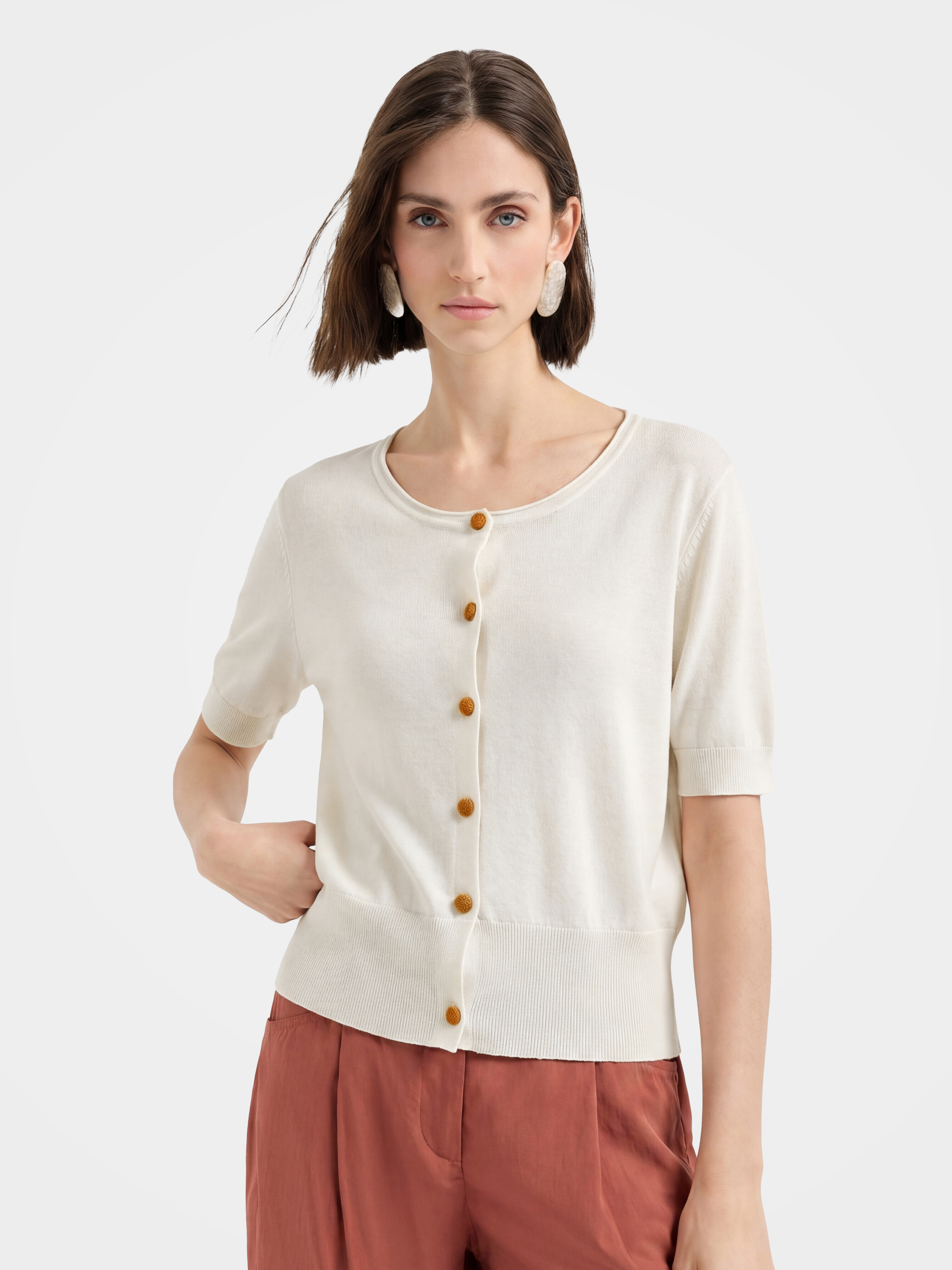Beige Wool-Silk Short Sleeve Knit Cardigan