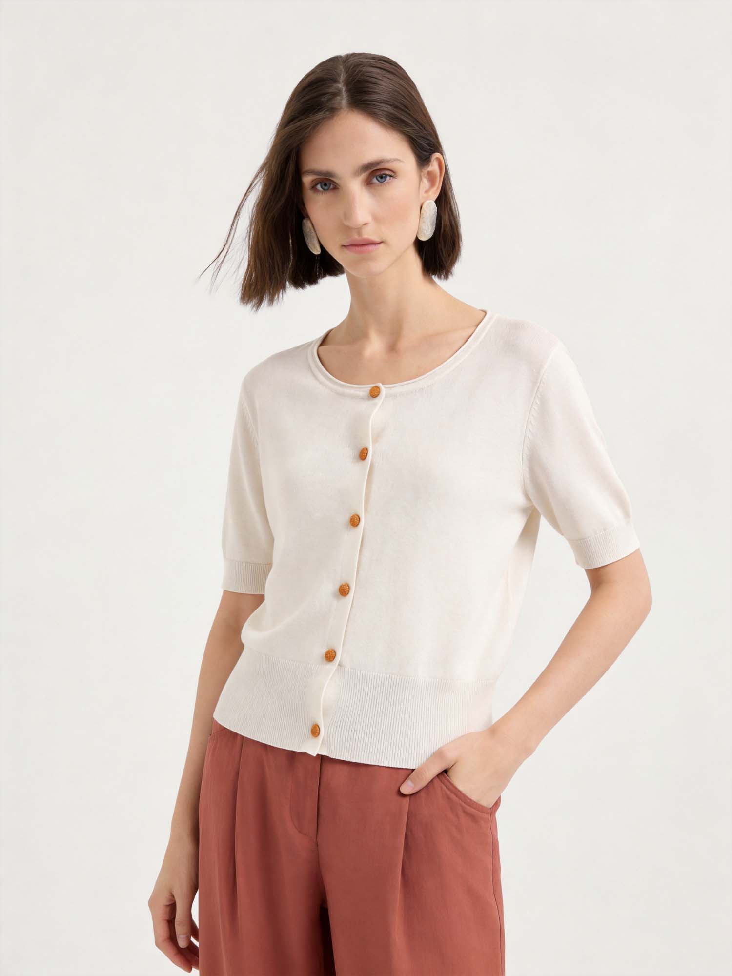 Beige Wool-Silk Short Sleeve Knit Cardigan