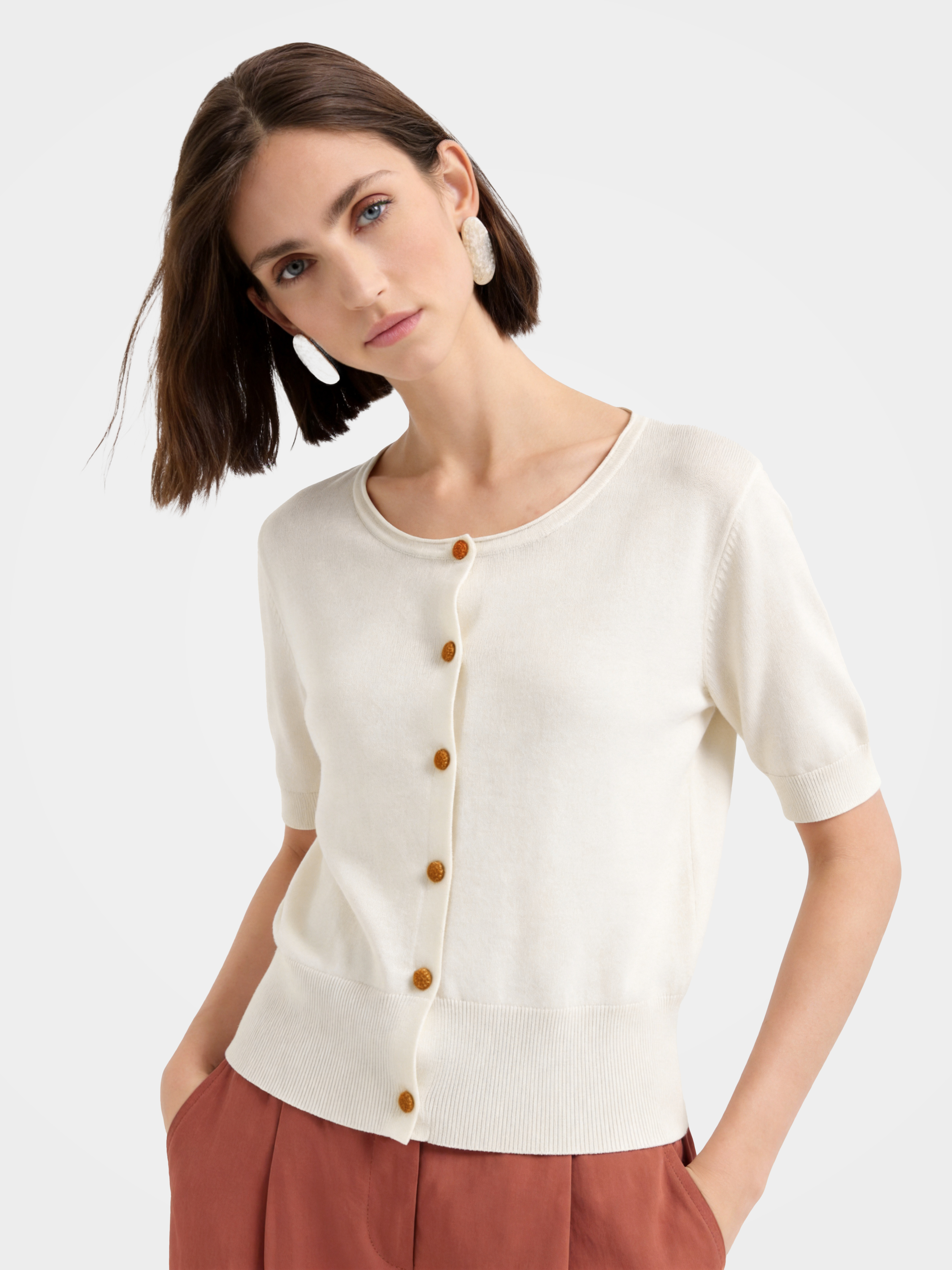 Beige Wool-Silk Short Sleeve Knit Cardigan