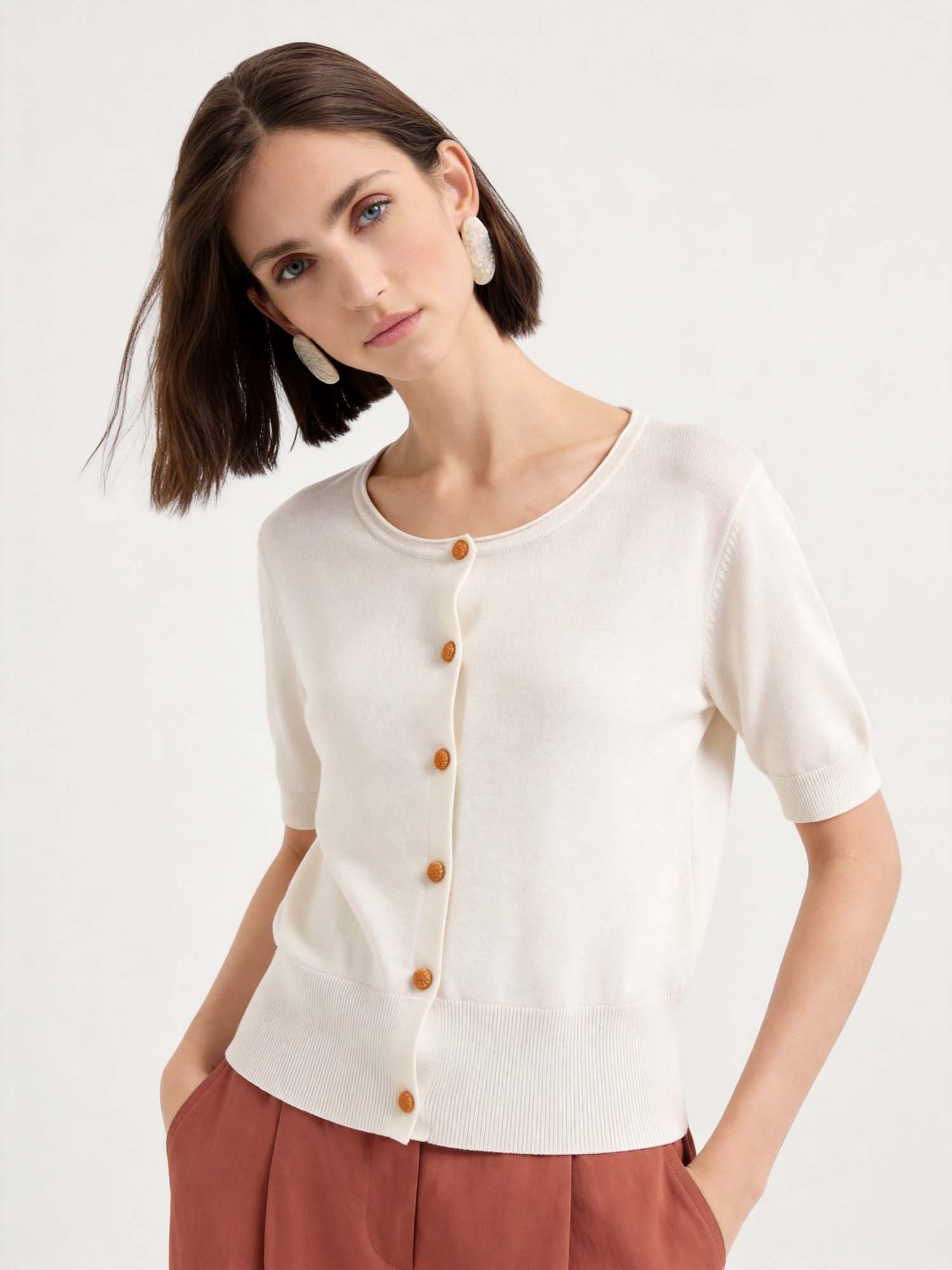 Beige Wool-Silk Short Sleeve Knit Cardigan