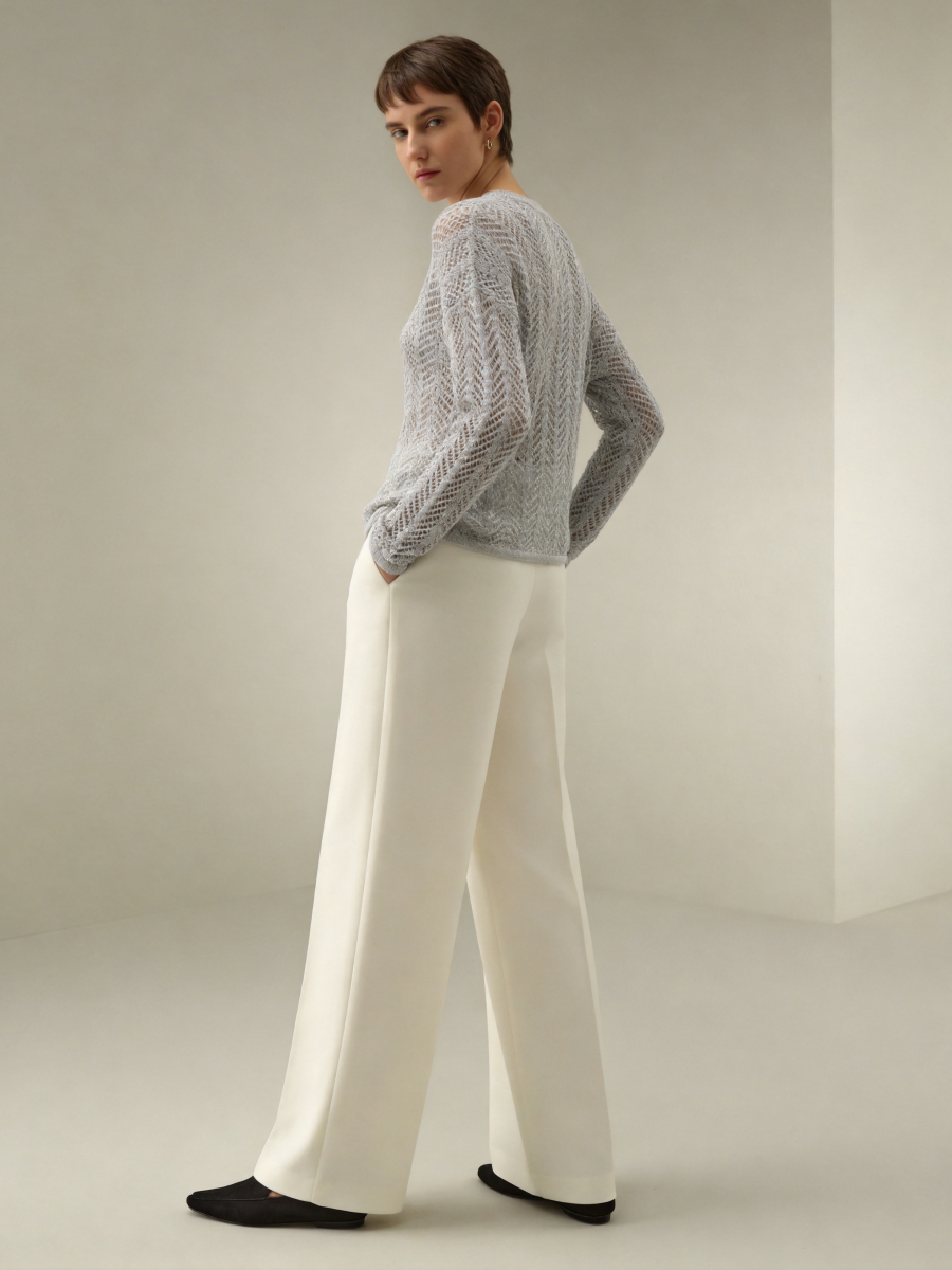 Linen Cotton Long Sleeve Openwork Knit Top