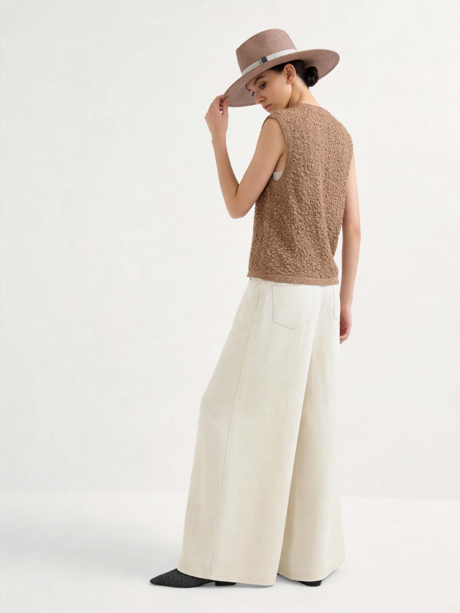 Brown Silk Crinkled Knit Cardigan