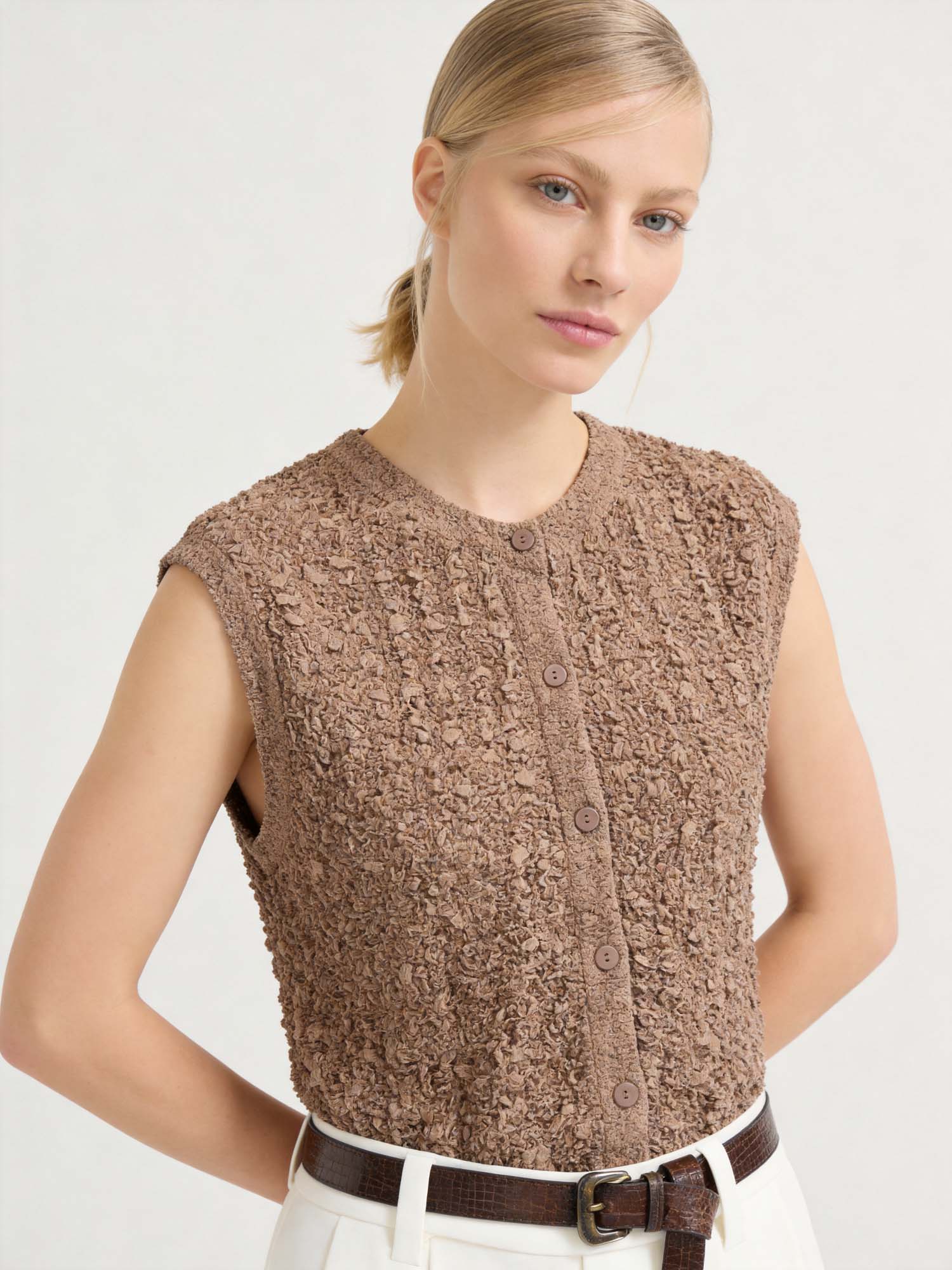 Brown Silk Crinkled Knit Cardigan