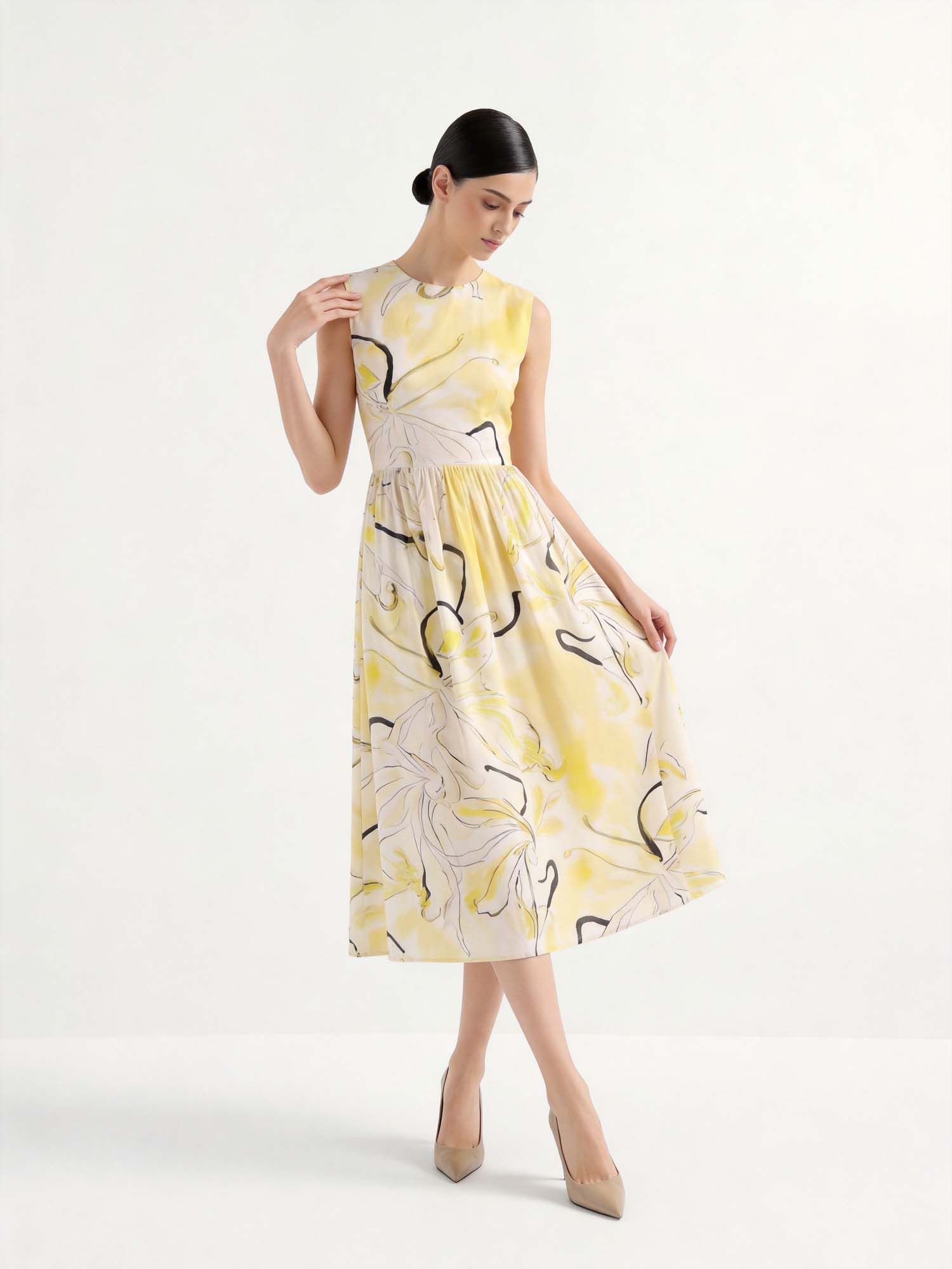Yellow Linen Crew Neck Print Midi Dress