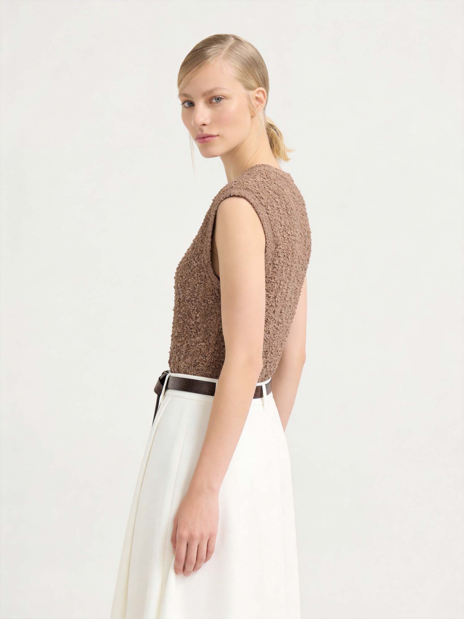 Brown Silk Crinkled Knit Cardigan