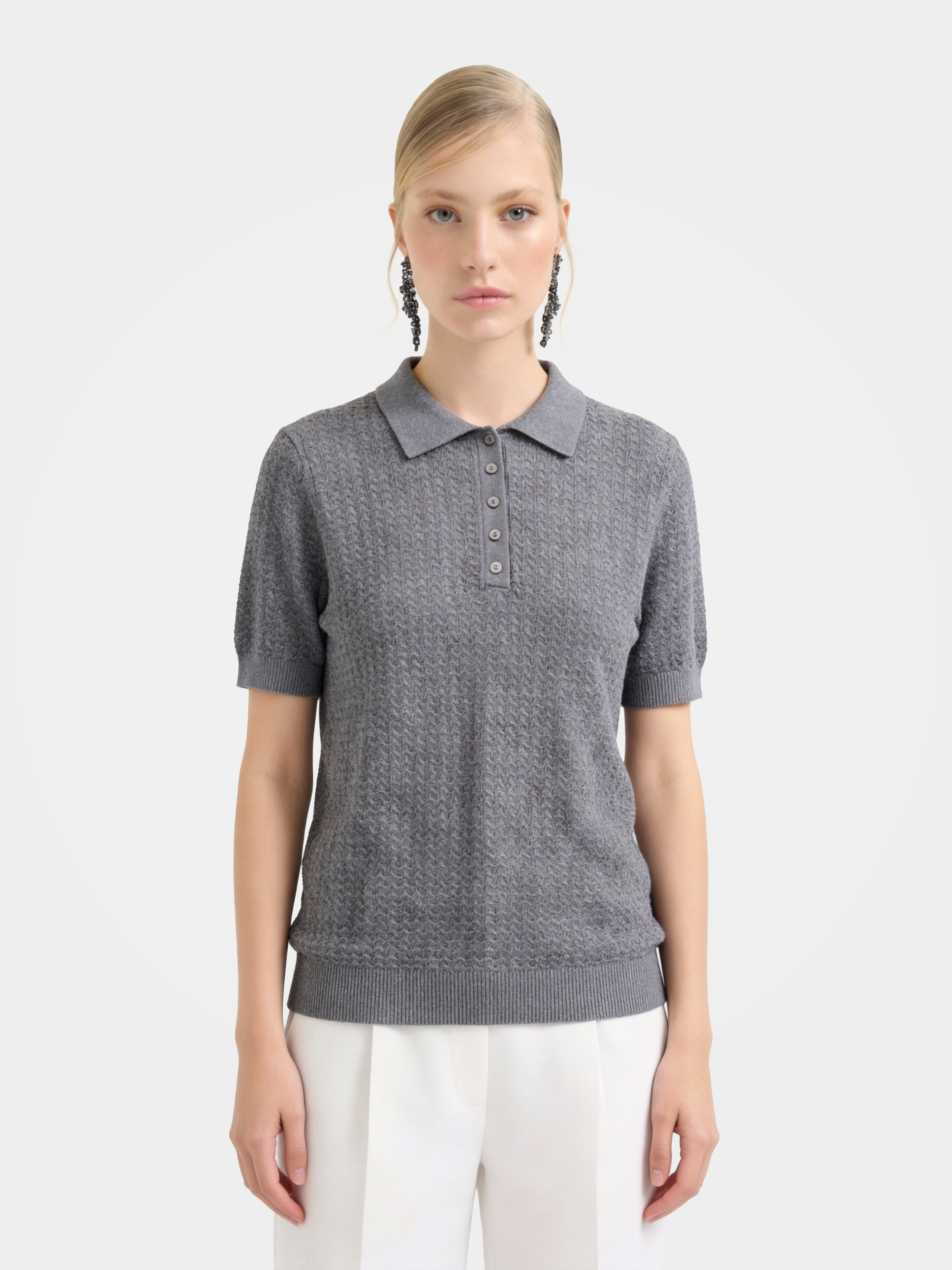 Gray Wool Short Sleeve Knit Polo Sweater