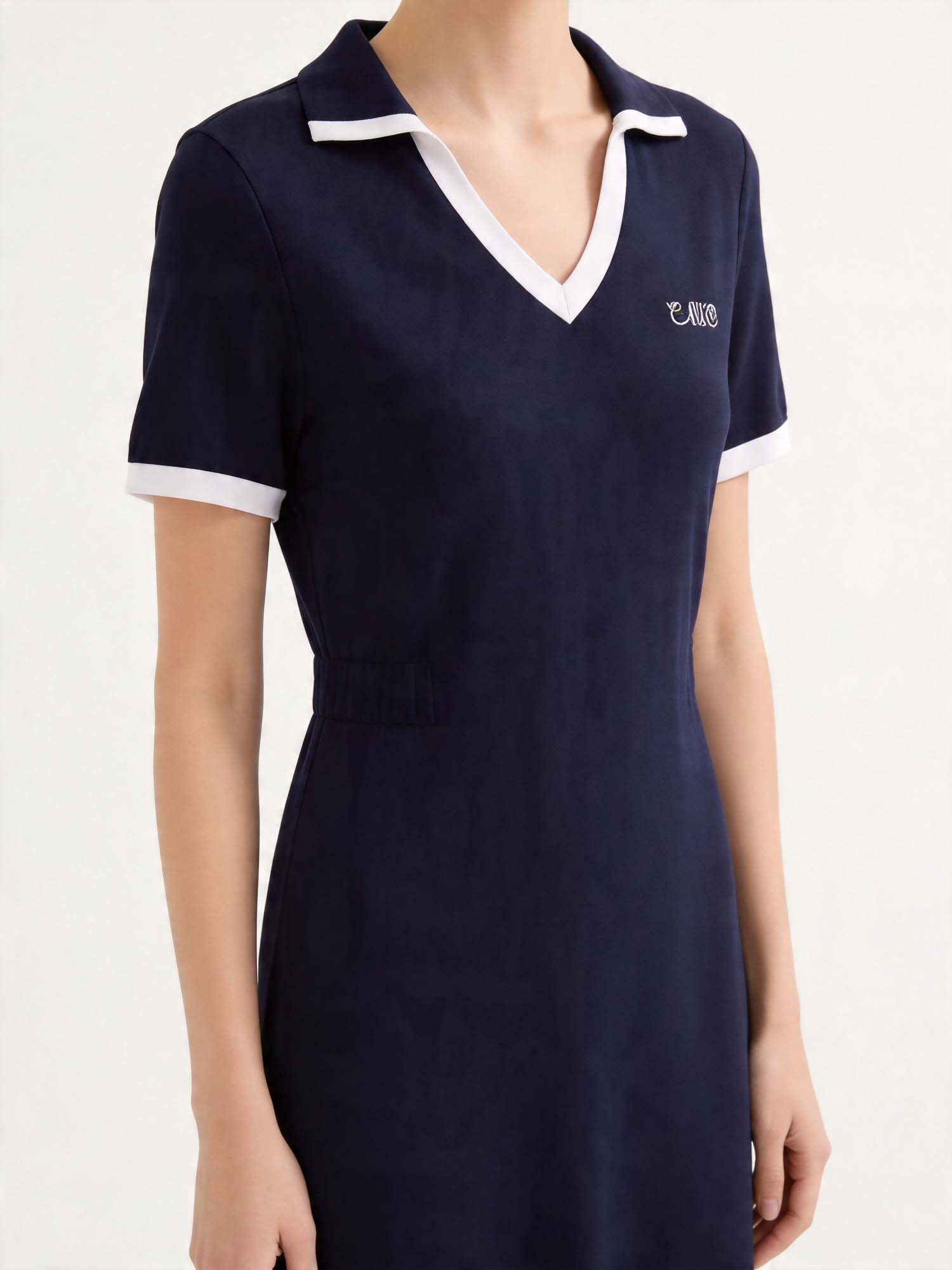 Navy Knit V-Polo Knee-Length Dress