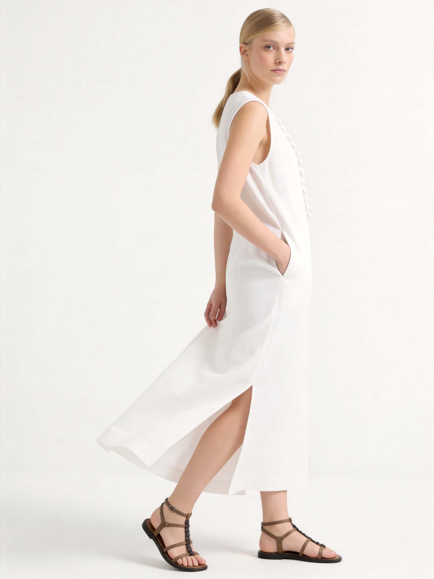 White Linen Crew Neck Maxi Tank Dress