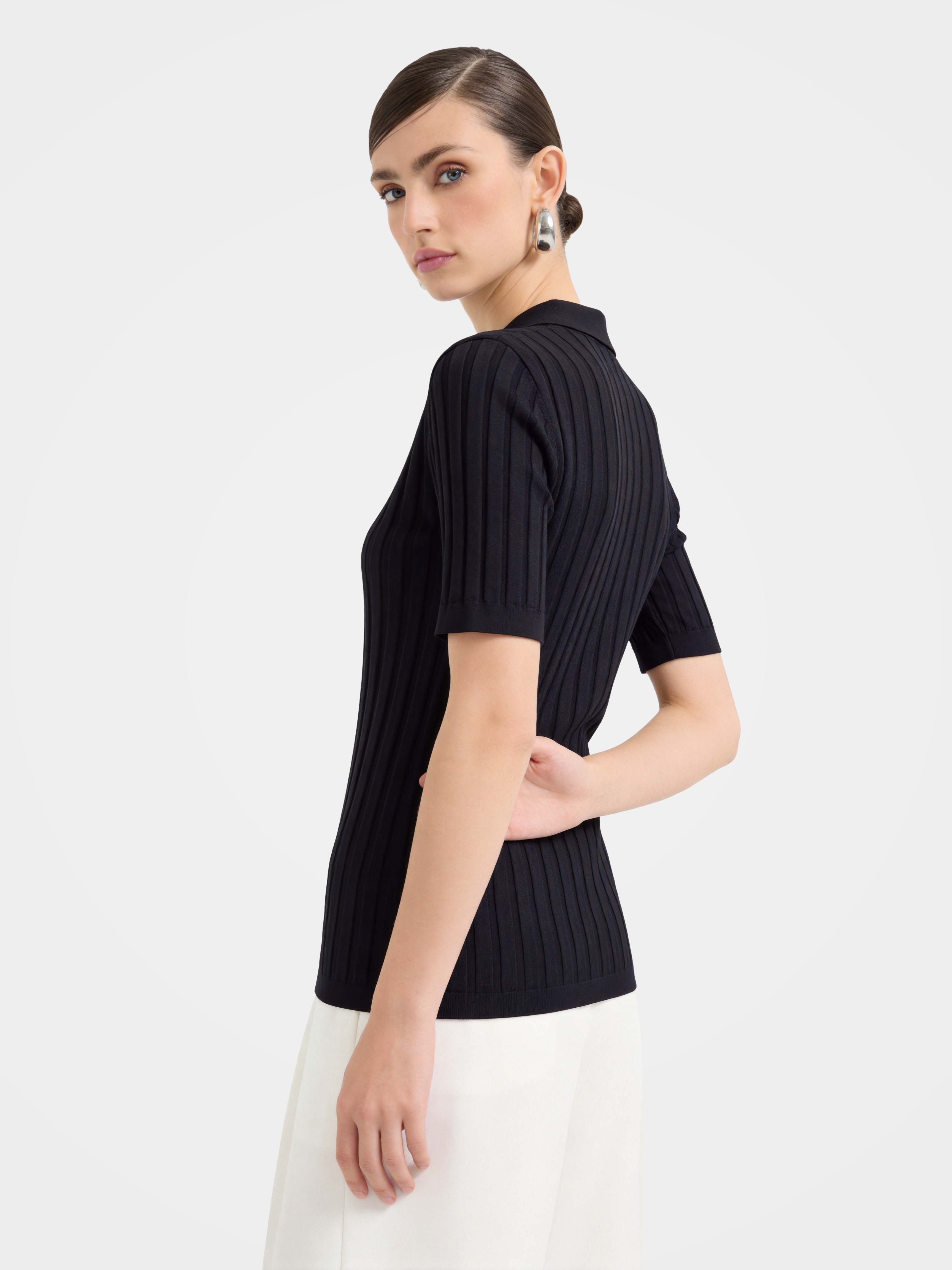 Cooling Tencel Silk Blend Ribbed Knit Polo Top