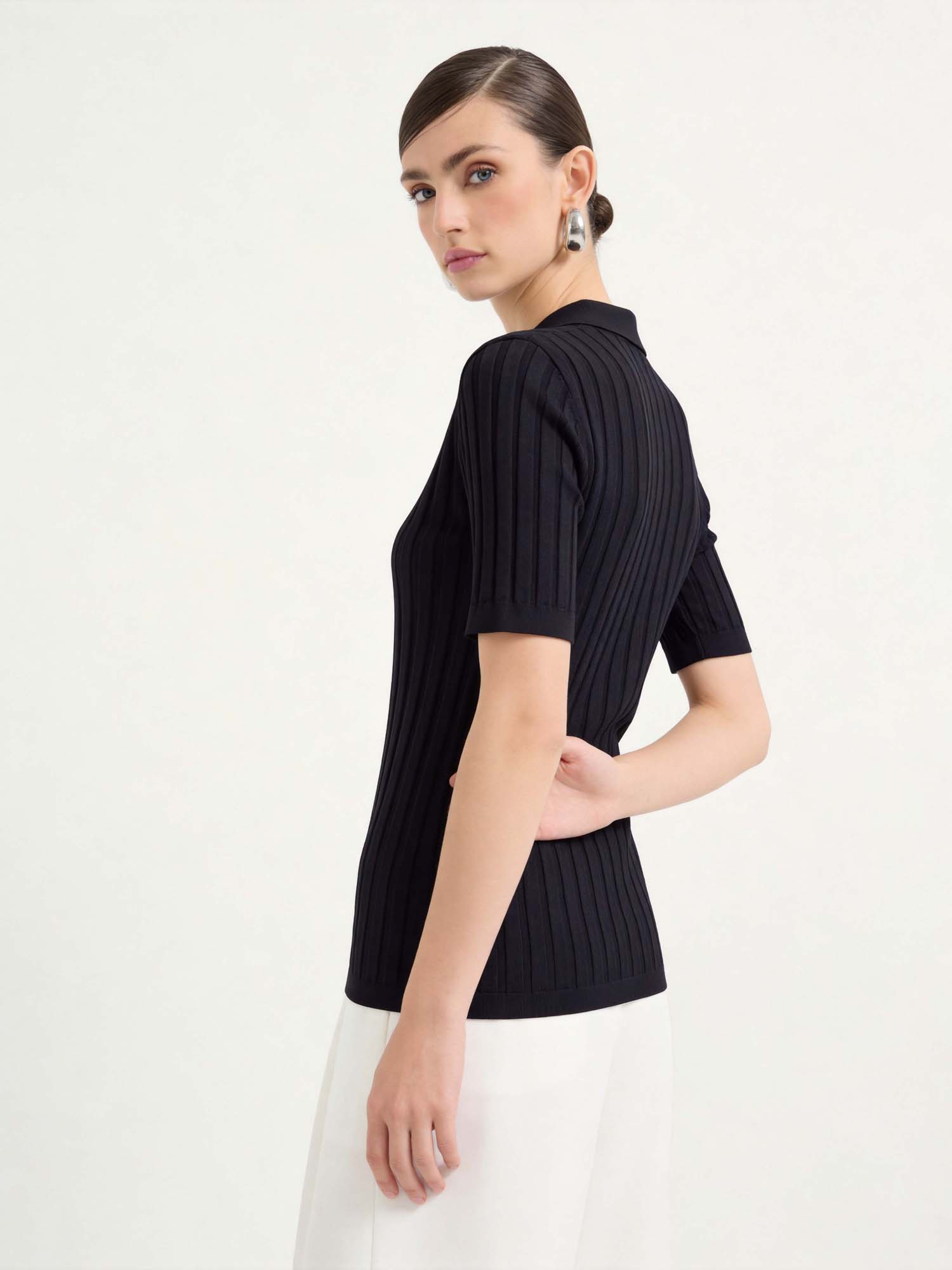 Black Tencel Button Knit Polo Sweater