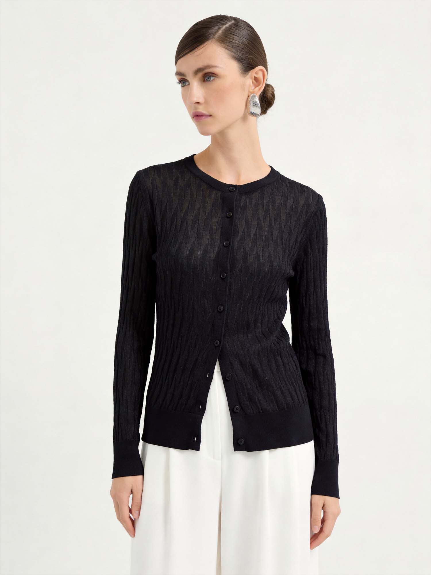 Black Tencel Sheer Diamond Knit Cardigan