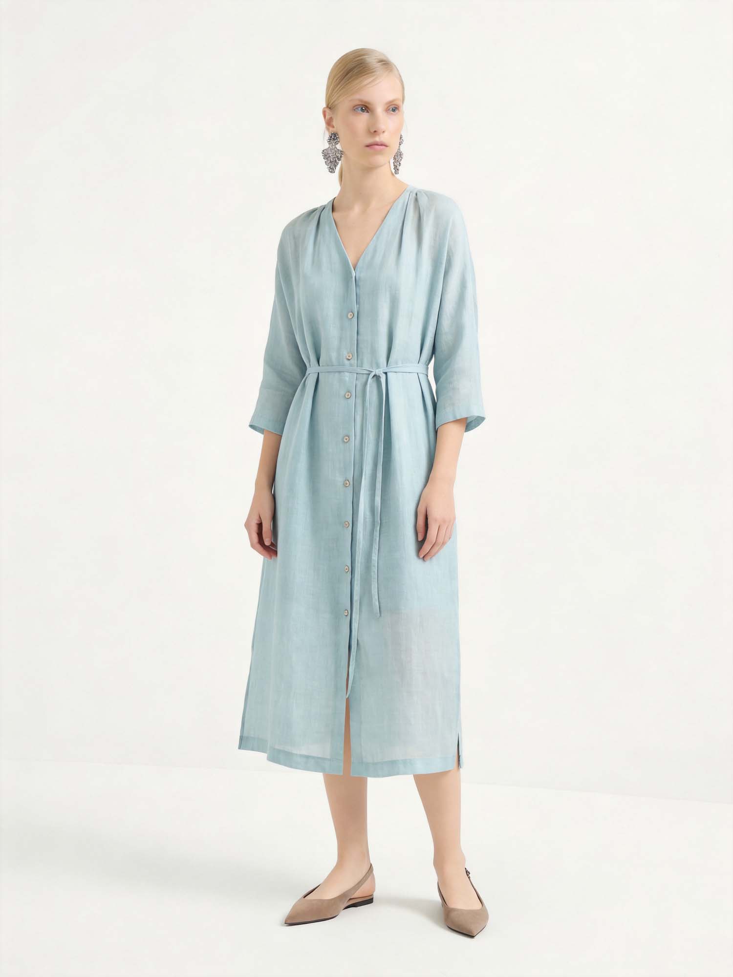 Pink 3/4 Sleeve Midi Linen Dress