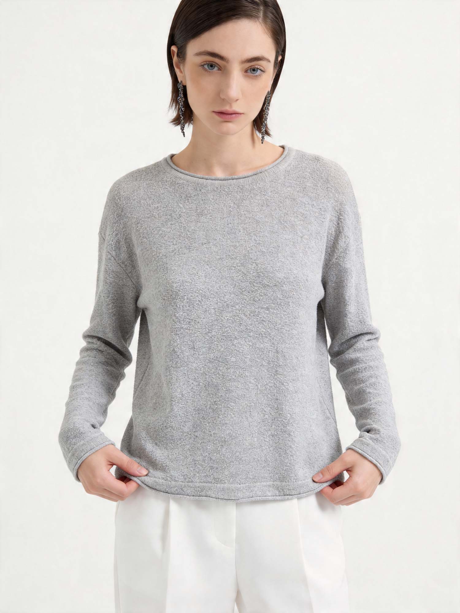 Gray Sheer Rolled-Edge Knit Sweater