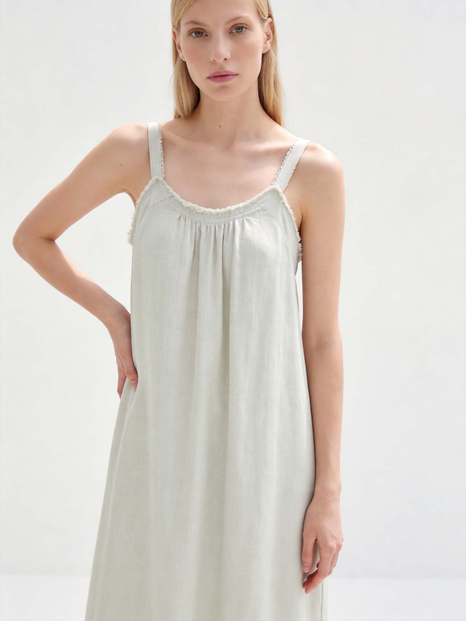 Yellow Linen Crew Neck Maxi Dress