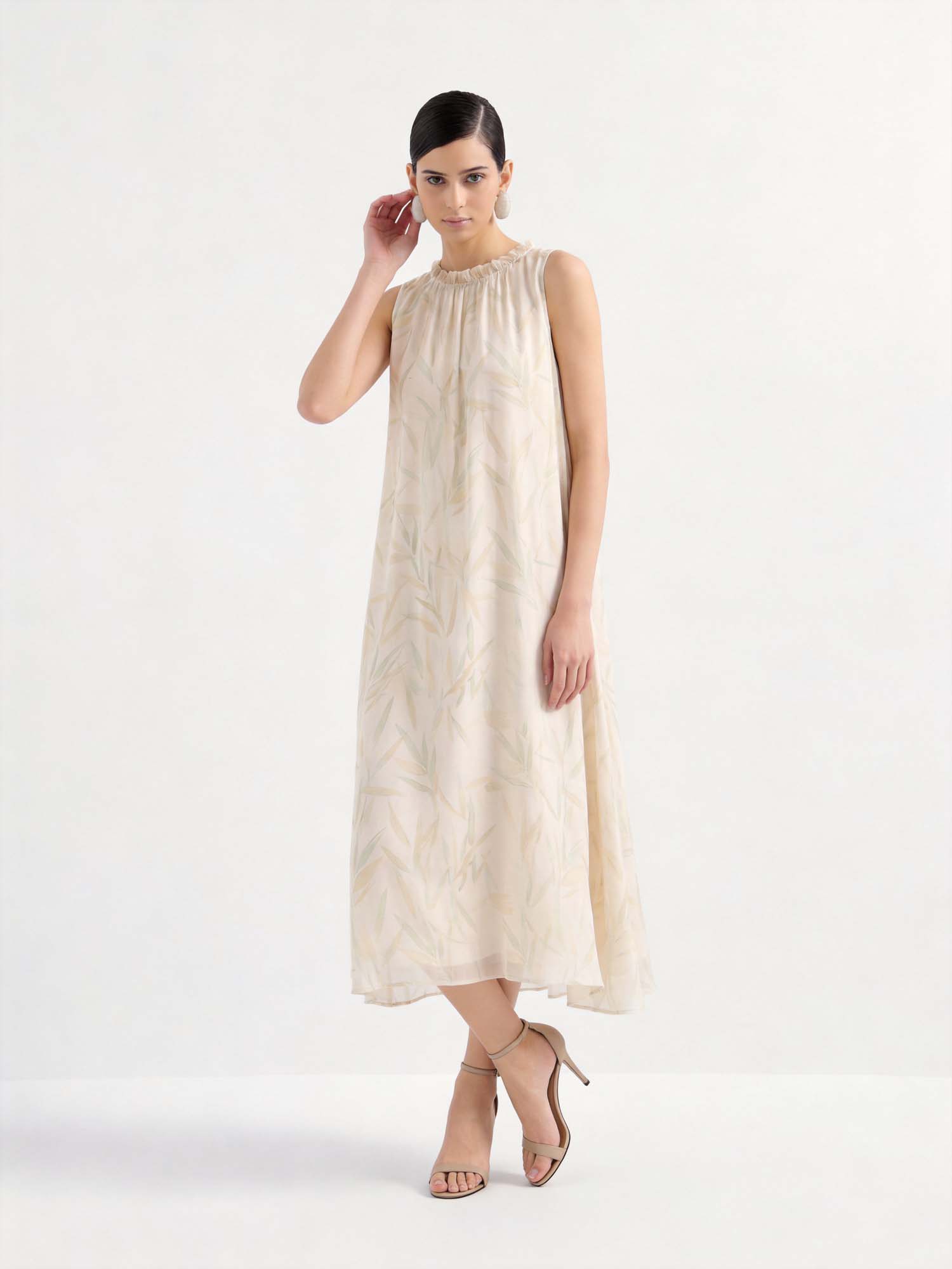 Beige Silk Crew Neck Print Midi Dress