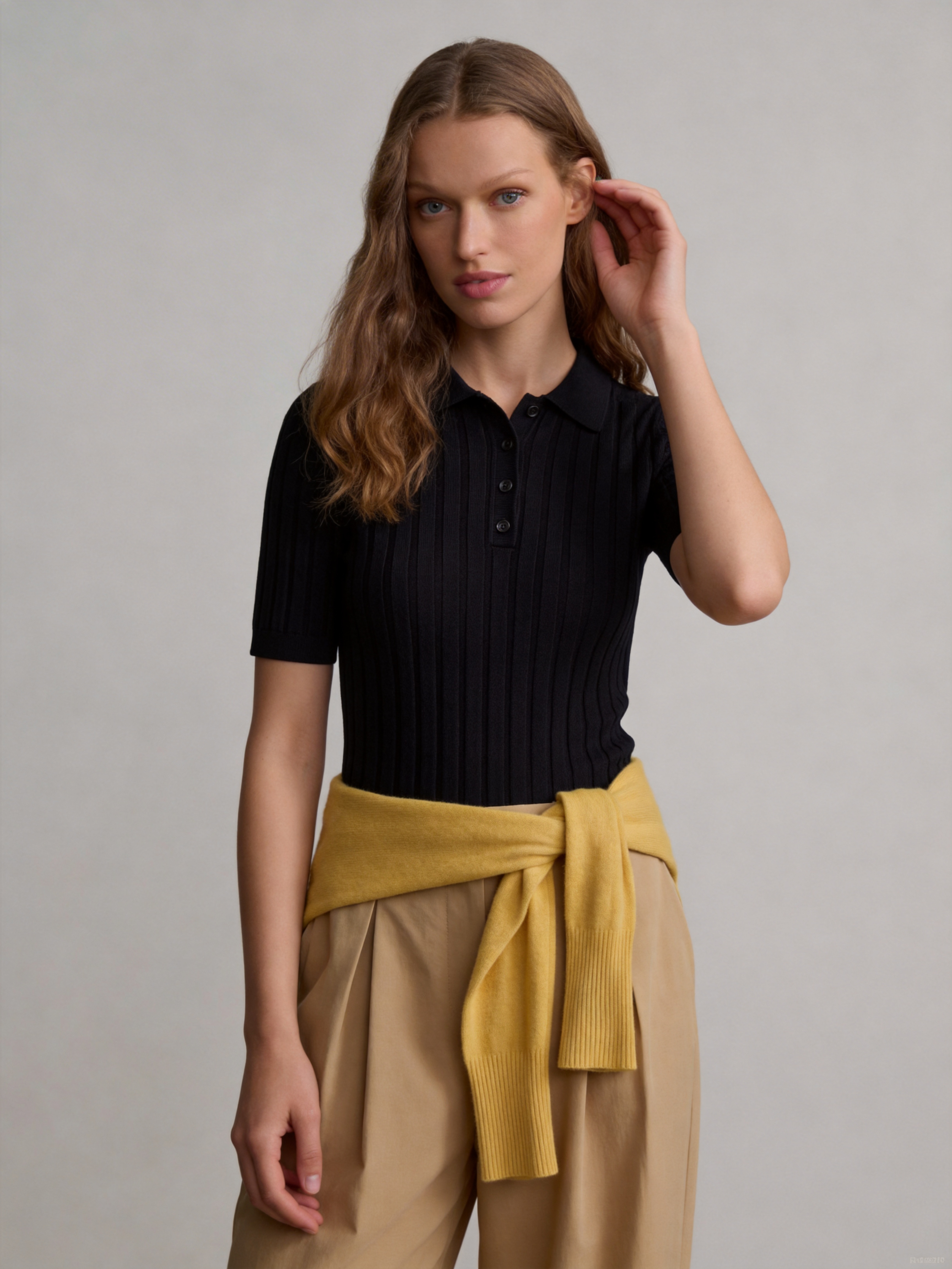 Silk Short Sleeve Button Knit Polo Top