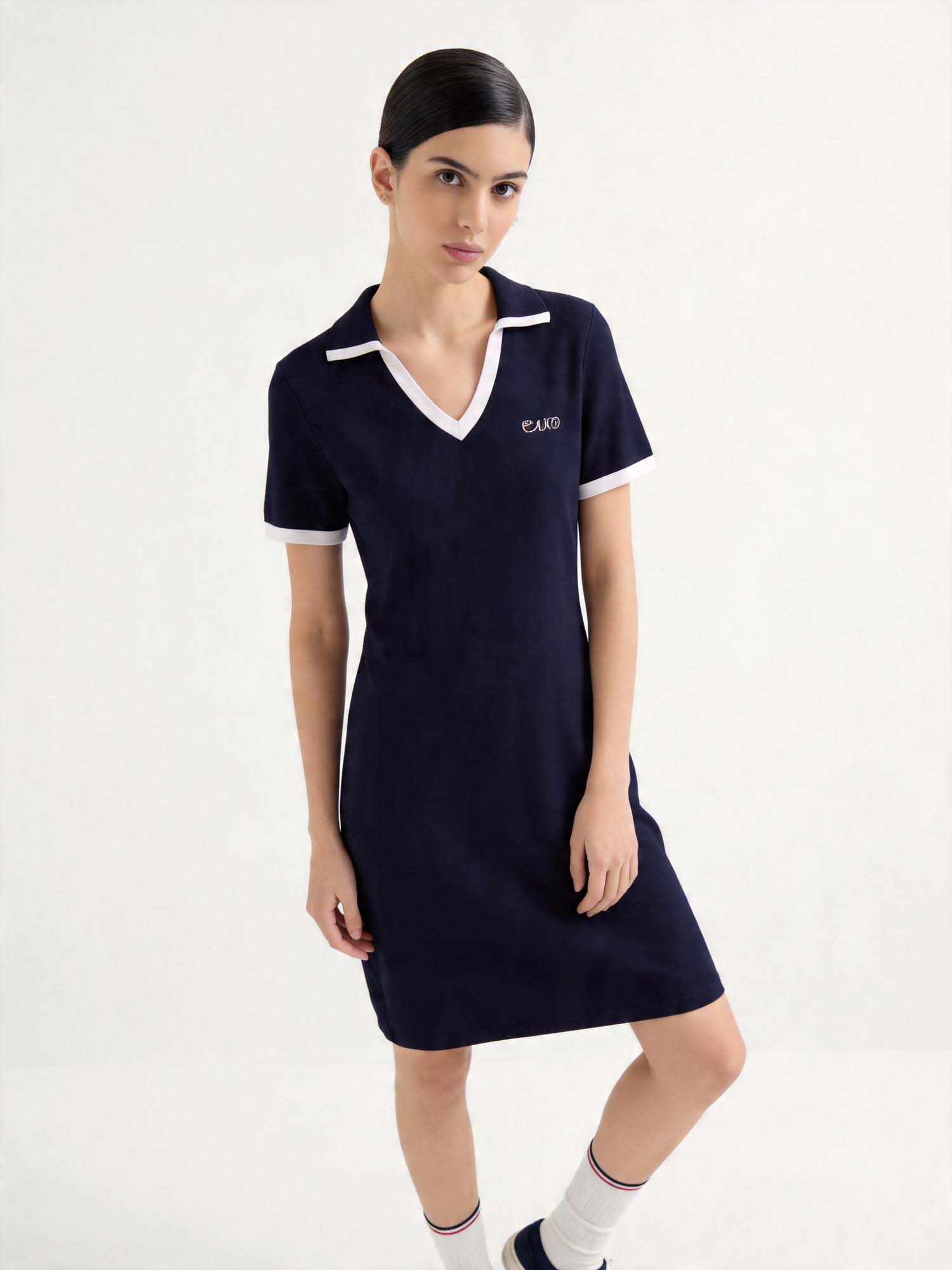 Navy Knit V-Polo Knee-Length Dress