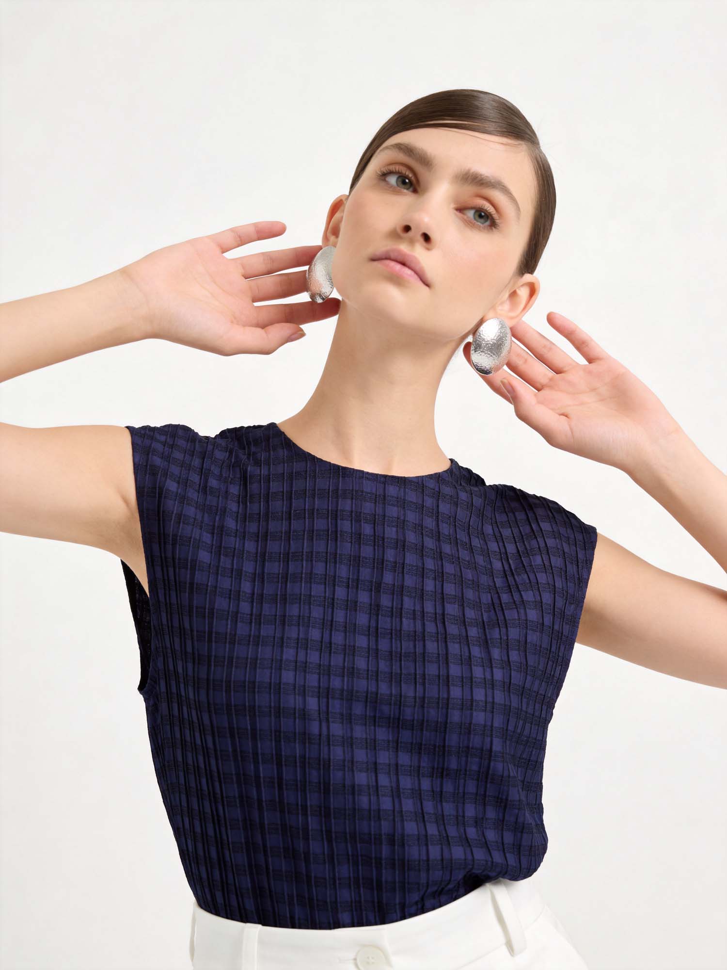 Navy Silk Cap Sleeve Plaid Top 