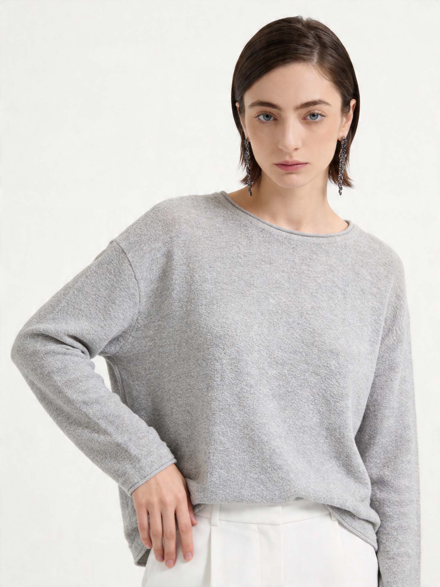Gray Sheer Rolled-Edge Knit Sweater