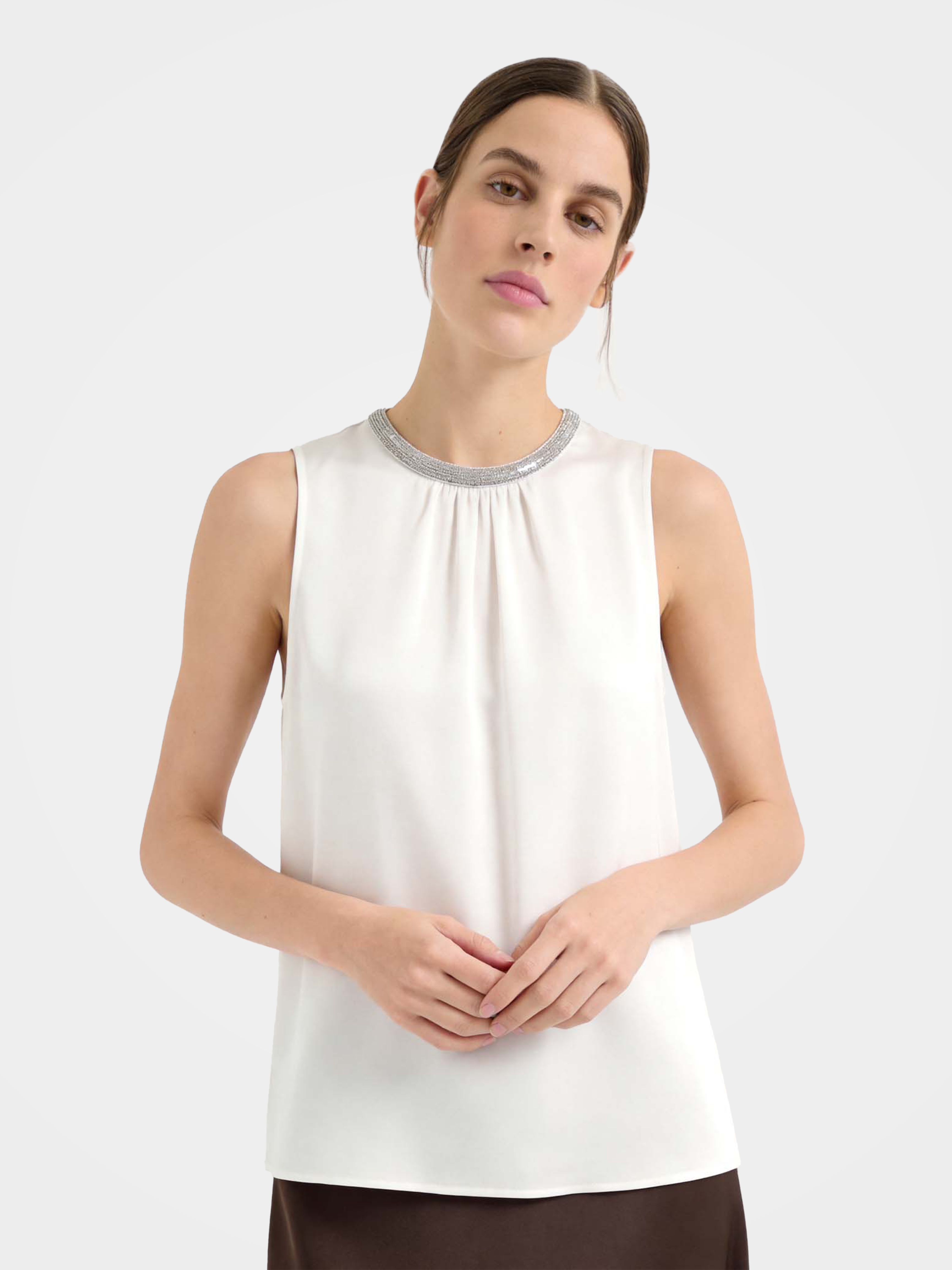 Smooth Mulberry Silk Sleeveless Top with Metallic Trim