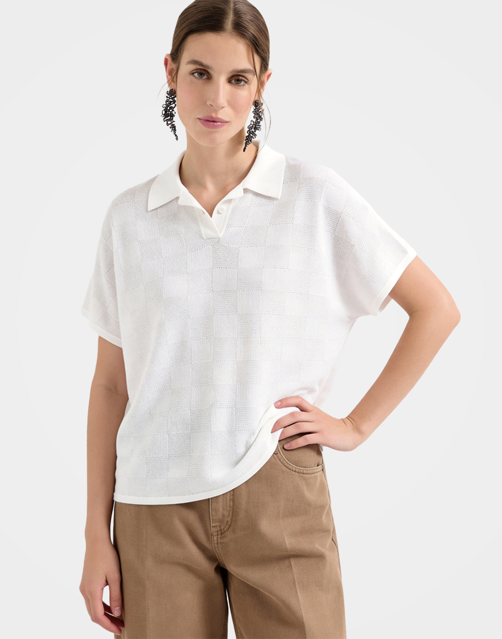 White Polo Collar Cotton Knit Batwing Sweater