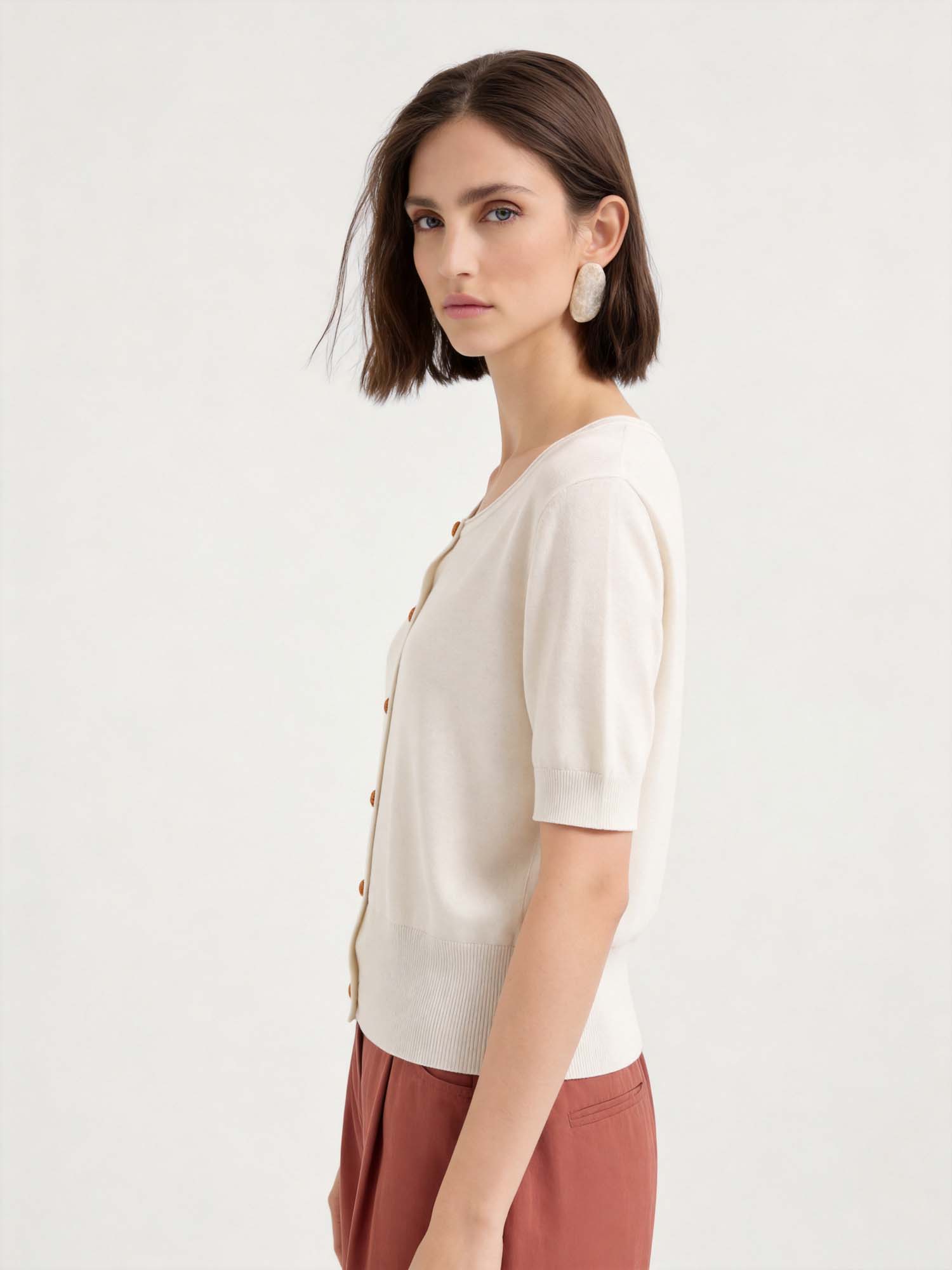 Beige Wool-Silk Short Sleeve Knit Cardigan
