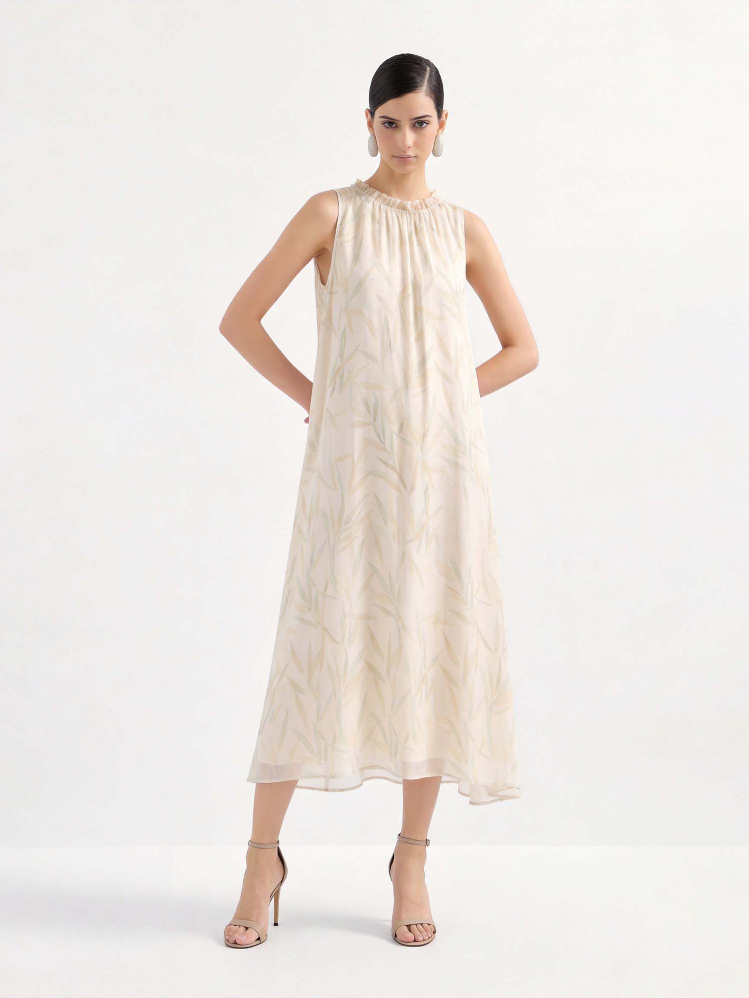 Beige Silk Crew Neck Print Midi Dress