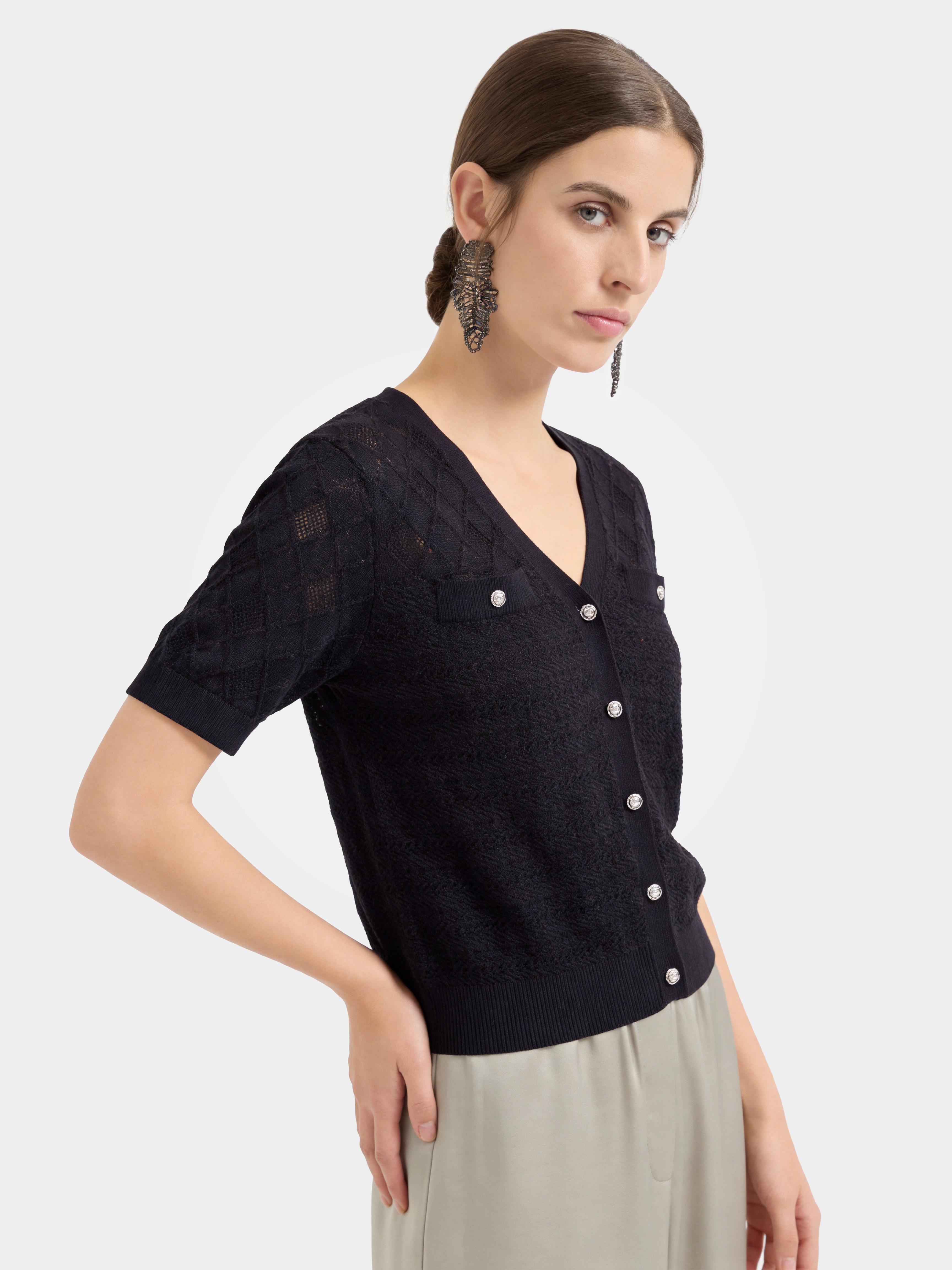 Black Tencel Short Sleeve Knit Top