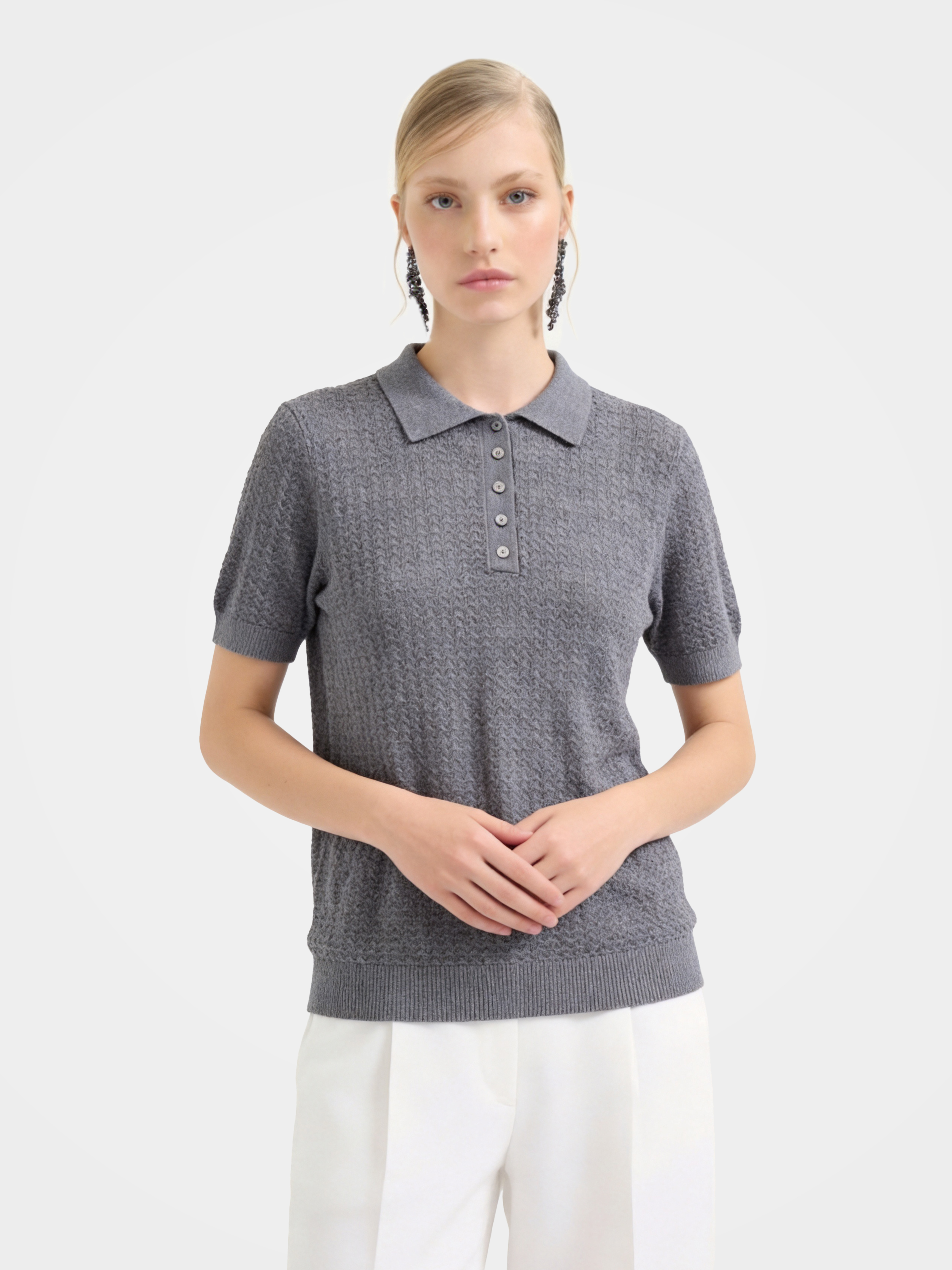 Gray Wool Short Sleeve Knit Polo Sweater
