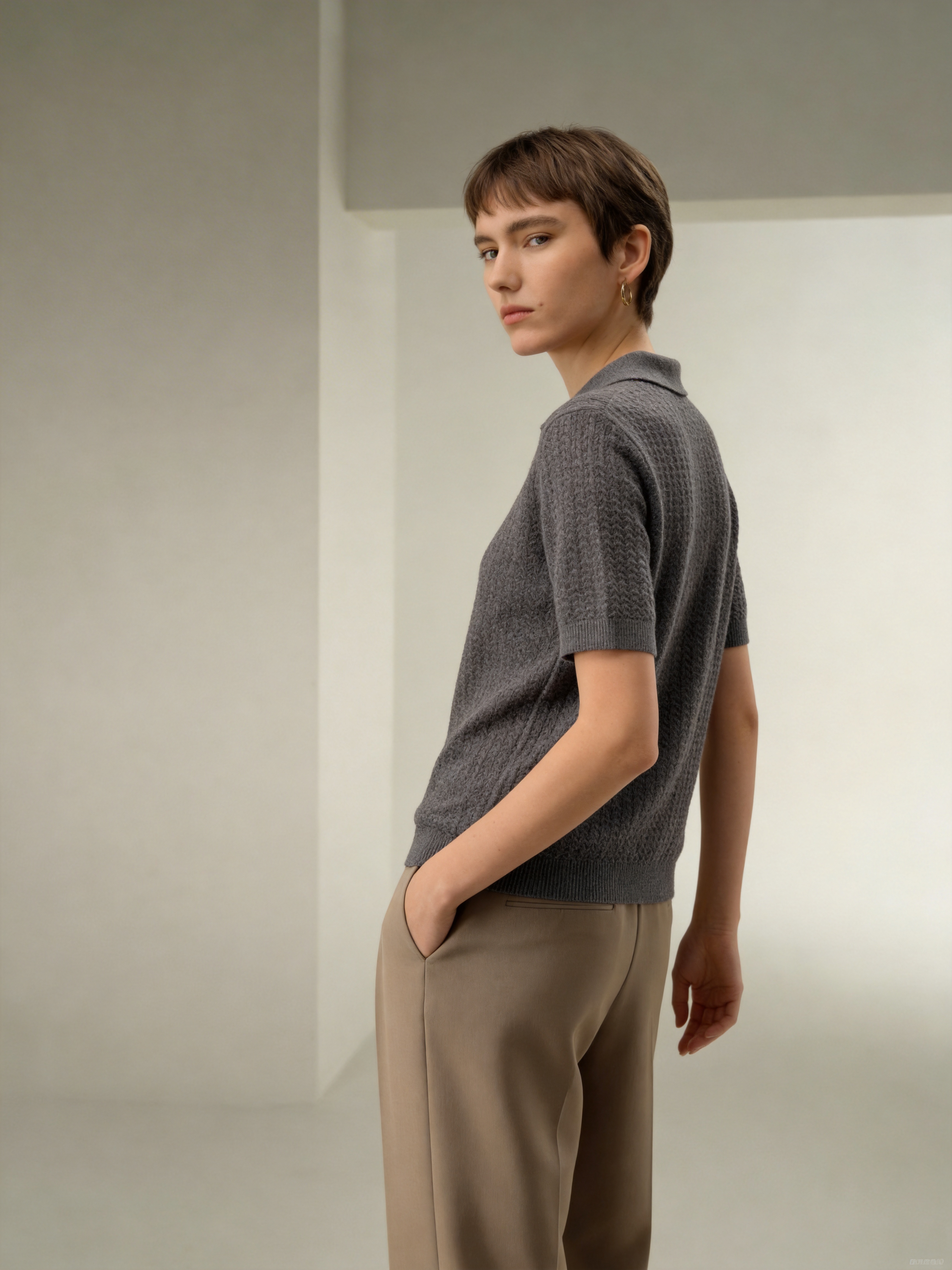 Wool Short Sleeve Knit Polo Top