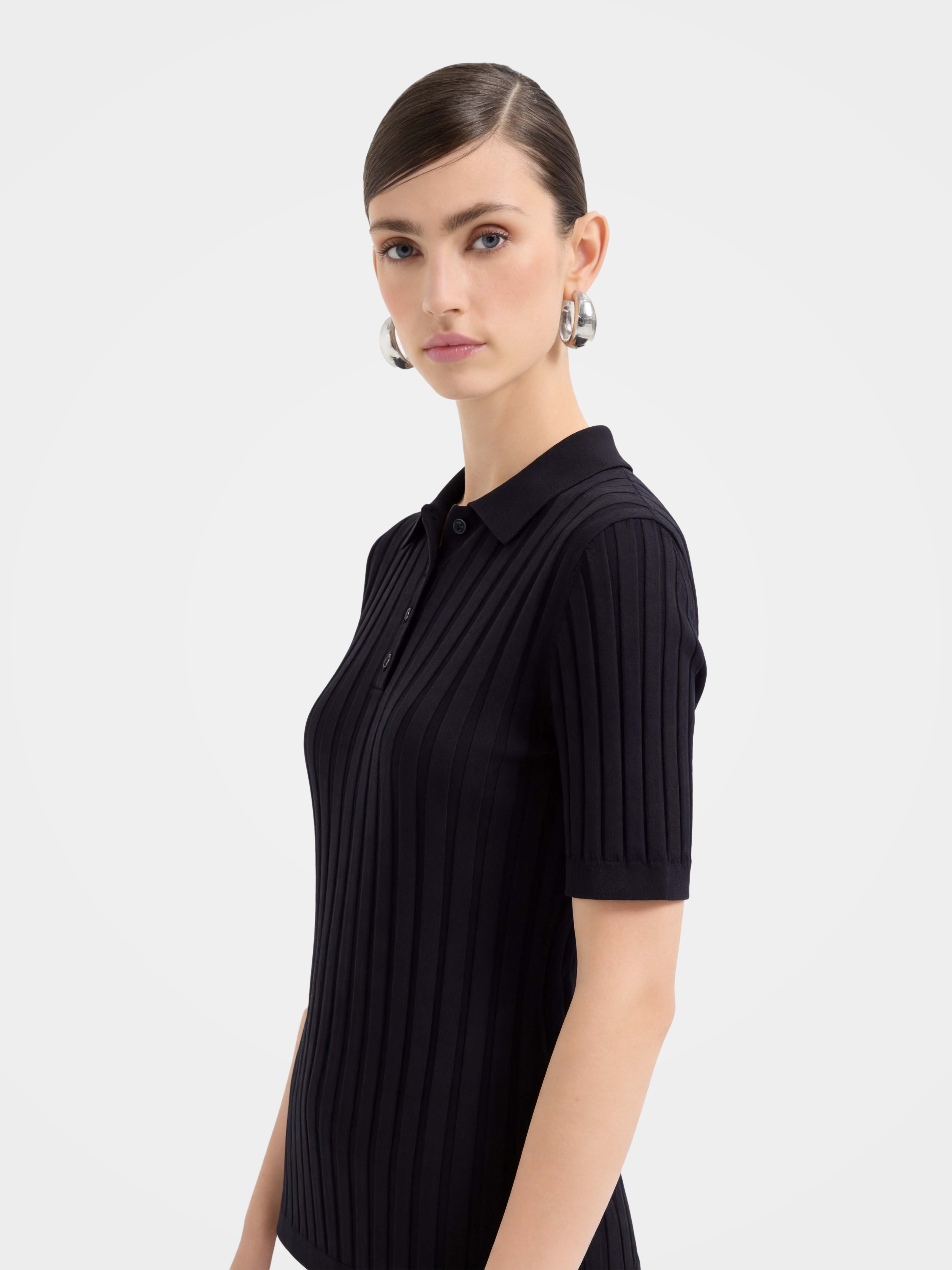 Cooling Tencel Silk Blend Ribbed Knit Polo Top
