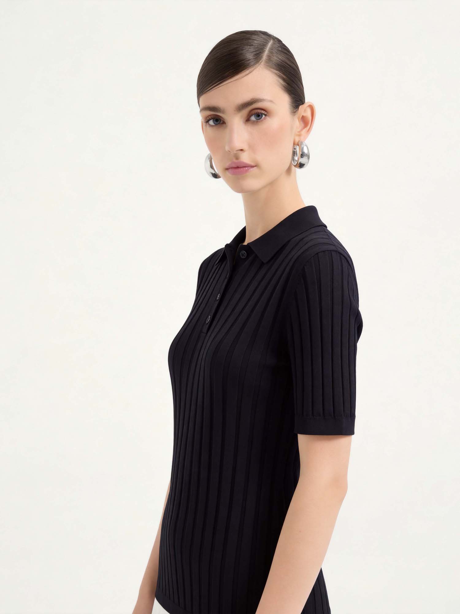 Black Tencel Button Knit Polo Sweater