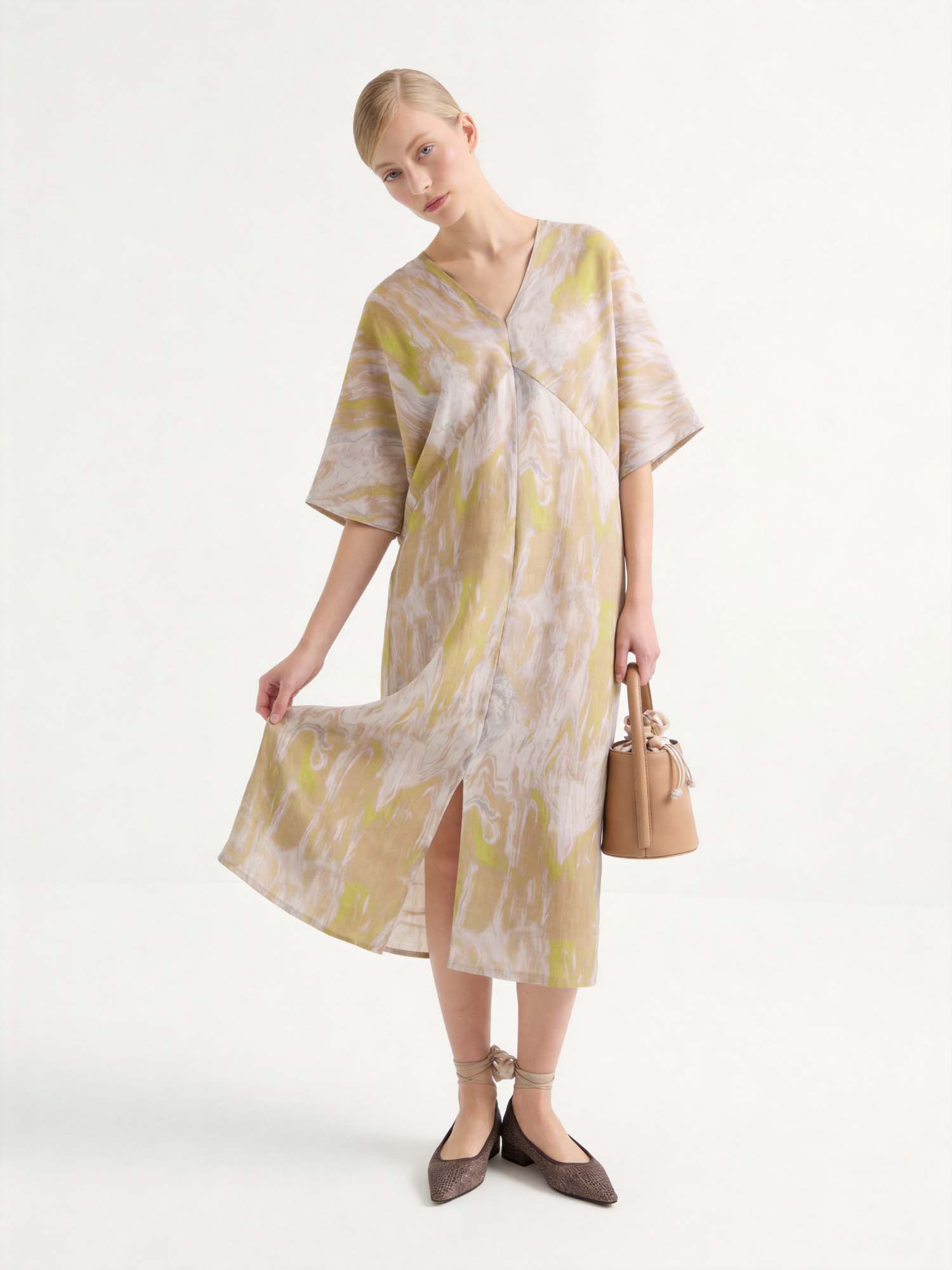 Yellow Linen V Neck Print Midi Dress