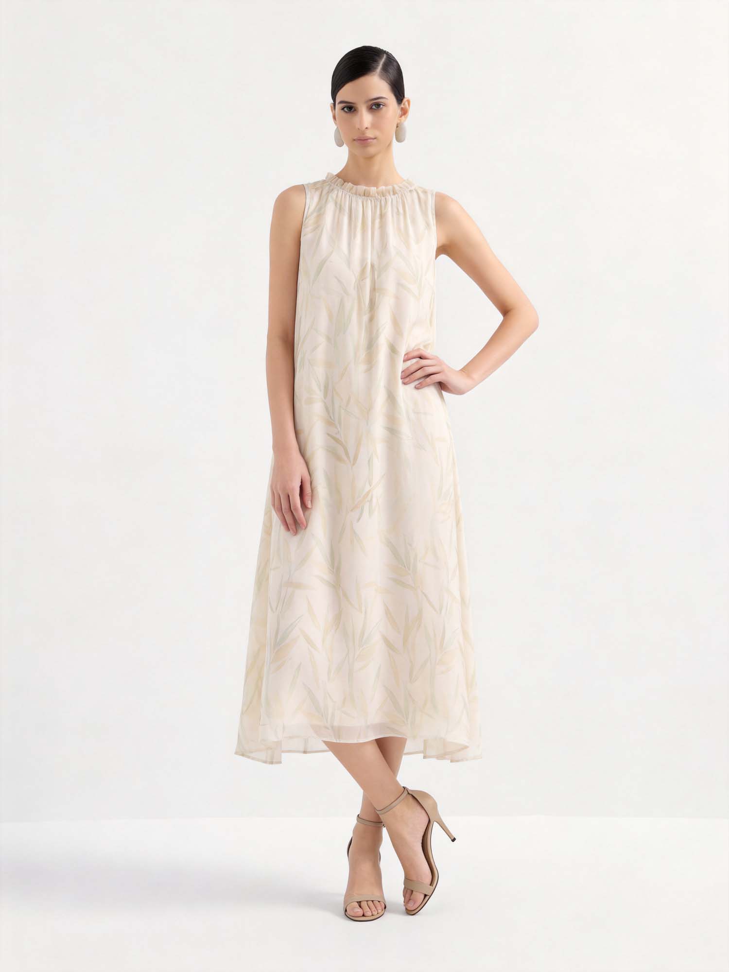 Beige Silk Crew Neck Print Midi Dress