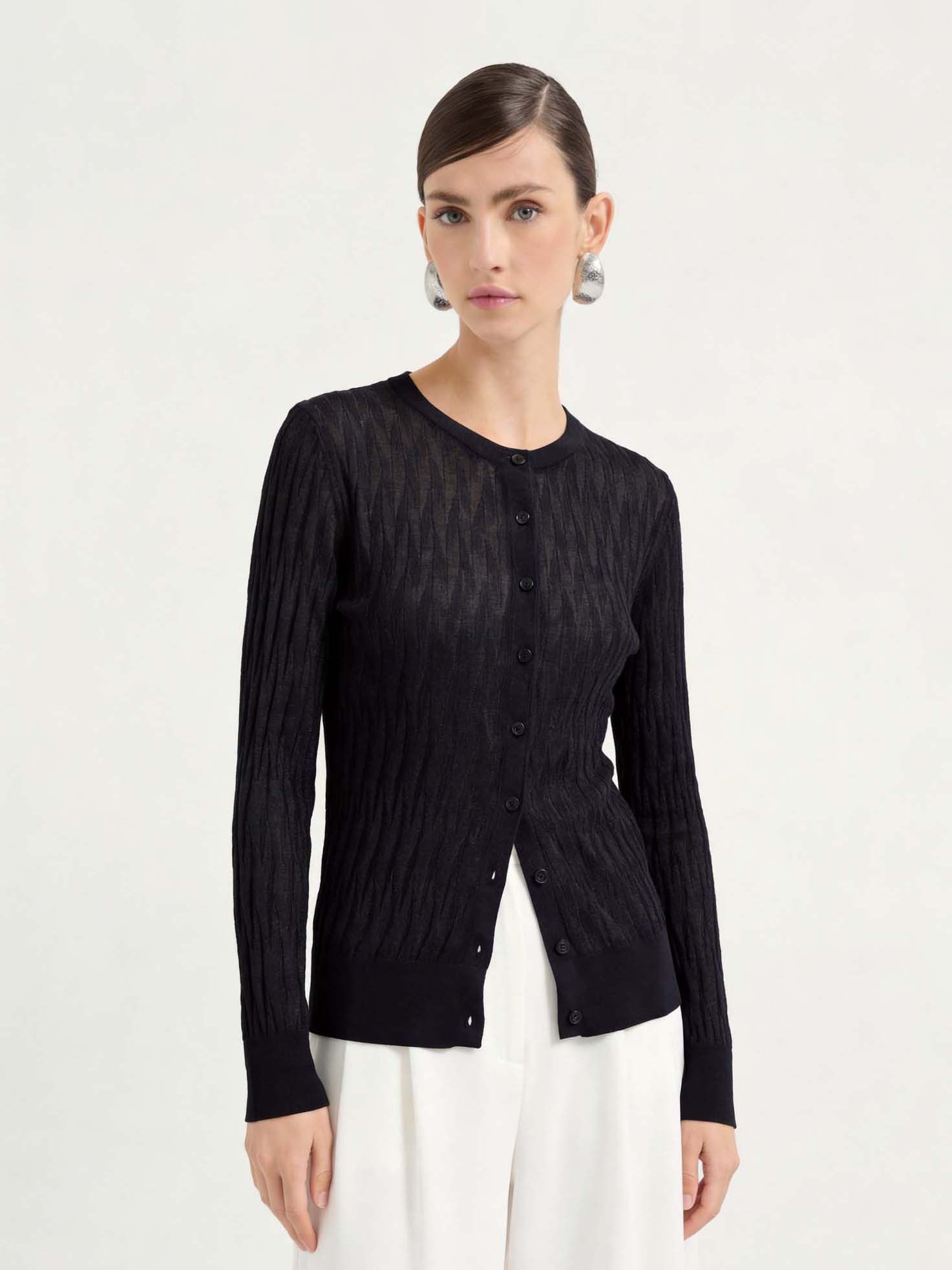 Black Sheer Diamond Knit Crew Neck Cardigan for Women