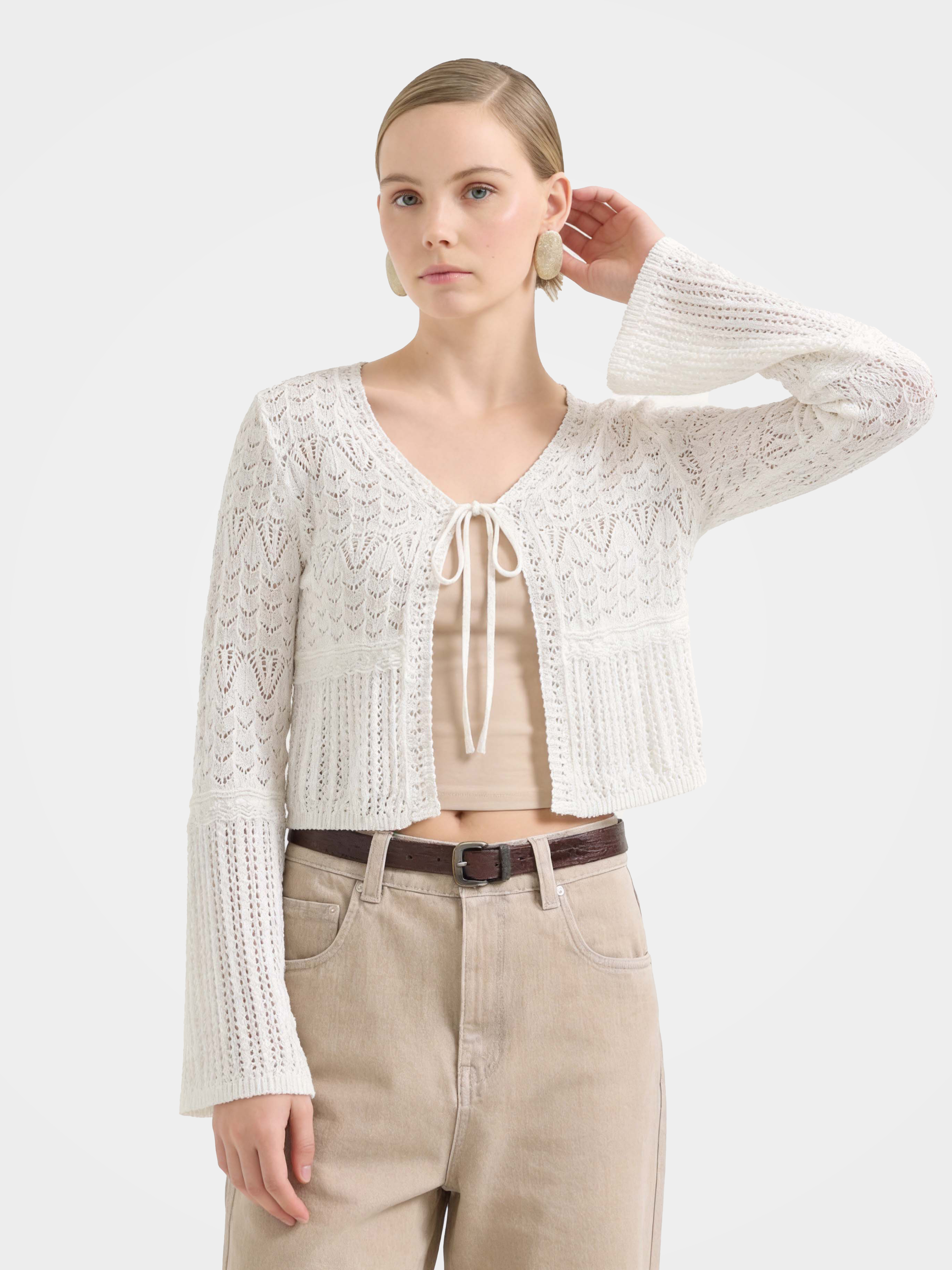 White Cotton Hollow Out Knit Cardigan