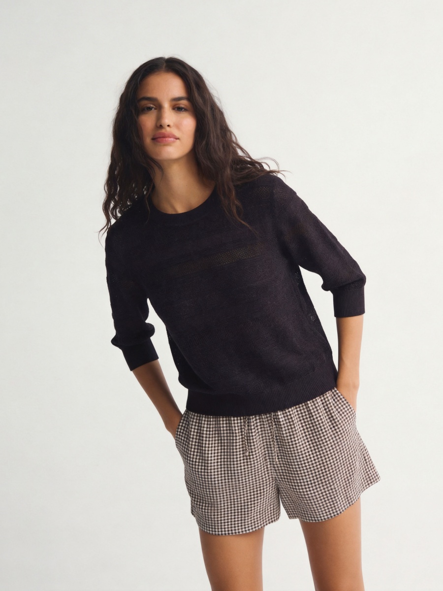 Wool Silk 3/4 Sleeve Openwork Knit Top