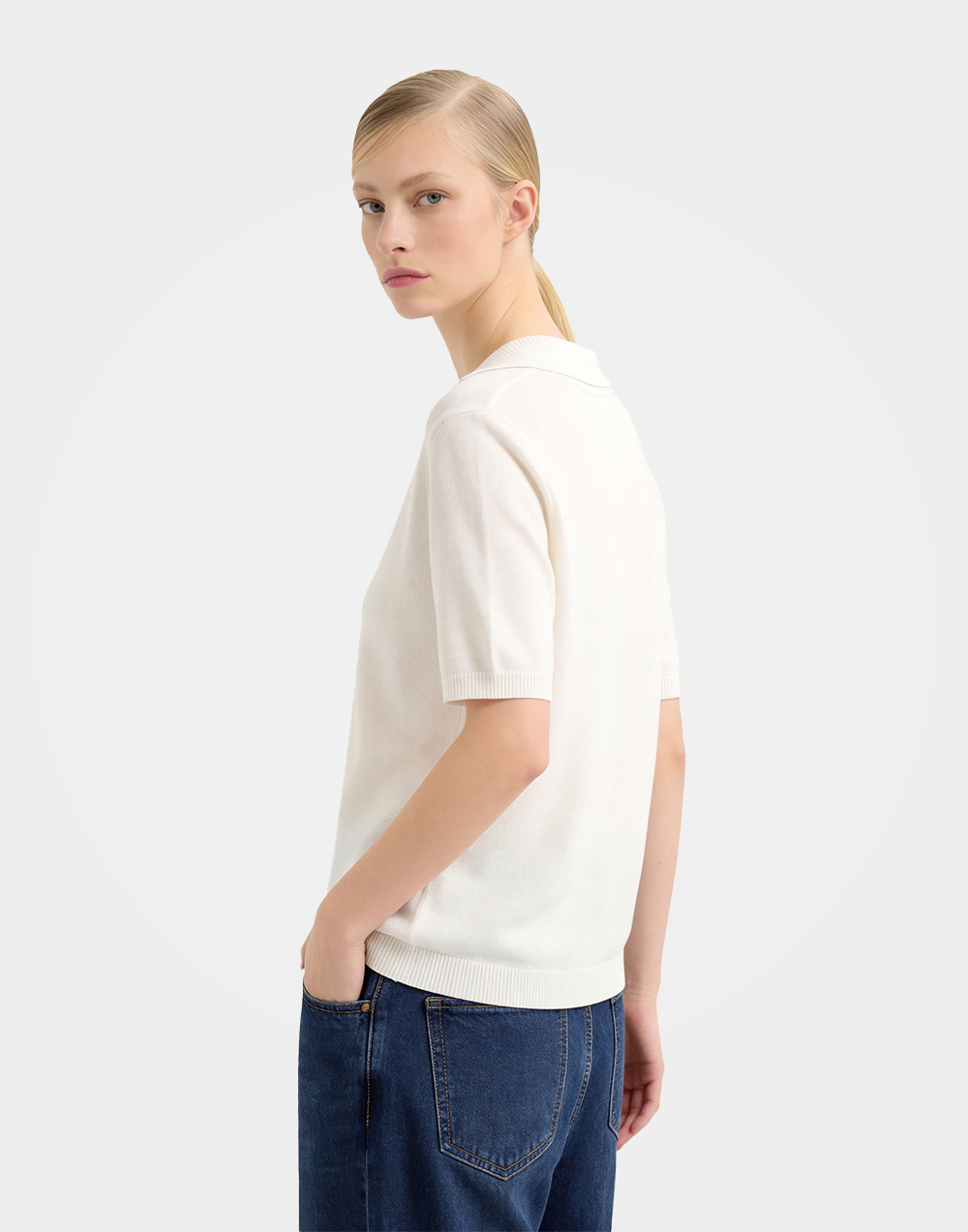 Beige Tencel Short Sleeve V Neck Knit Sweater