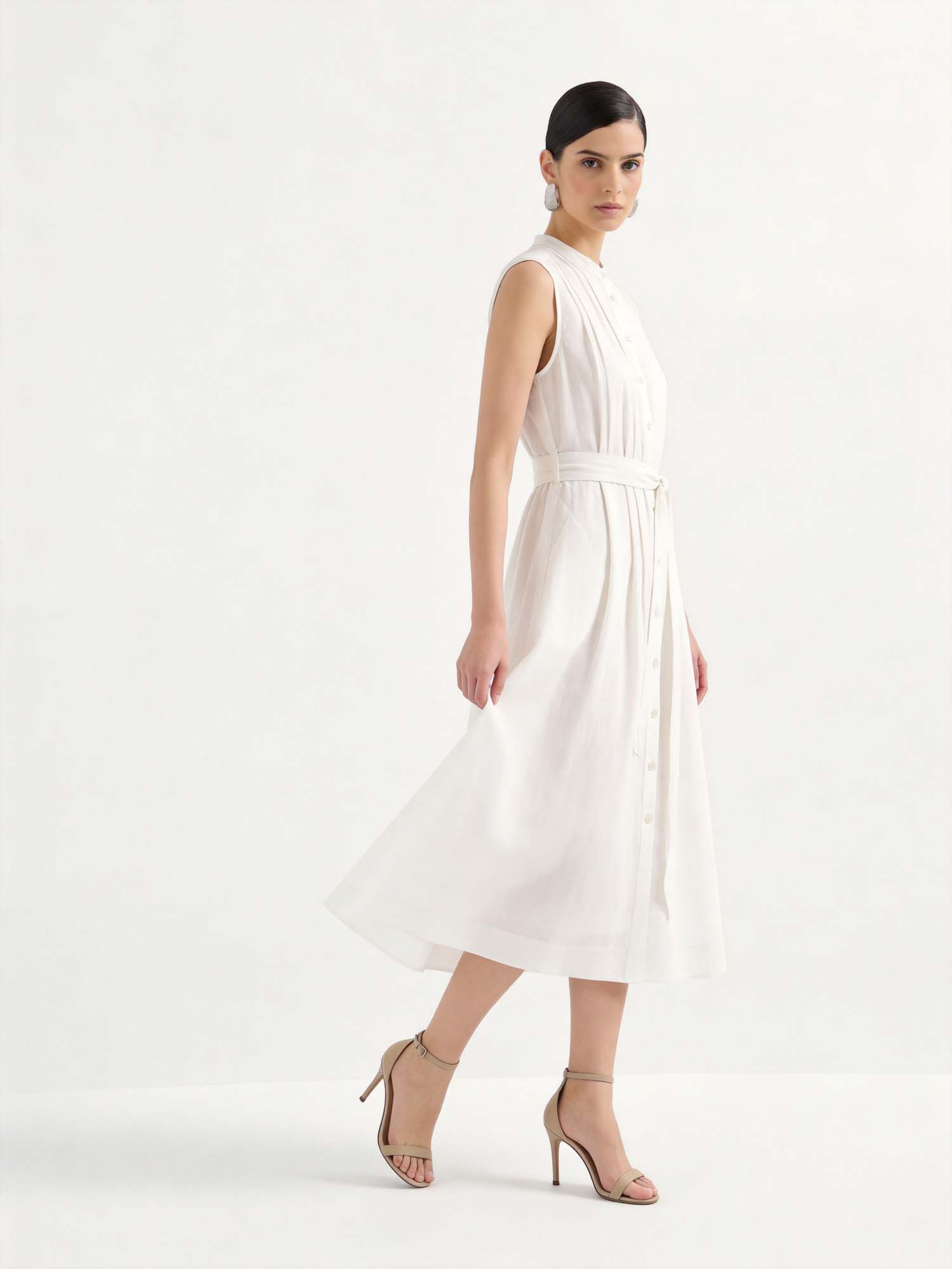 White Pleated Linen Tie-Waist Dress