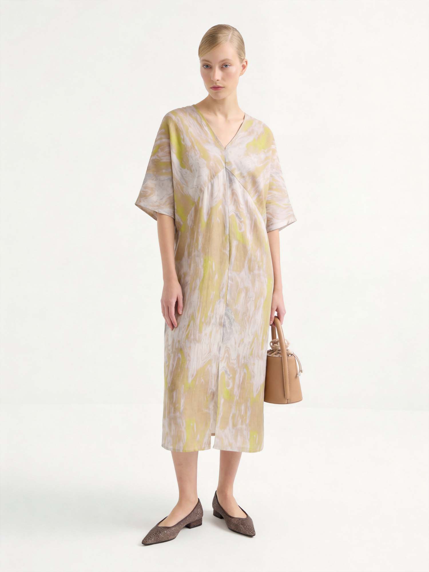 Yellow Linen V Neck Print Midi Dress