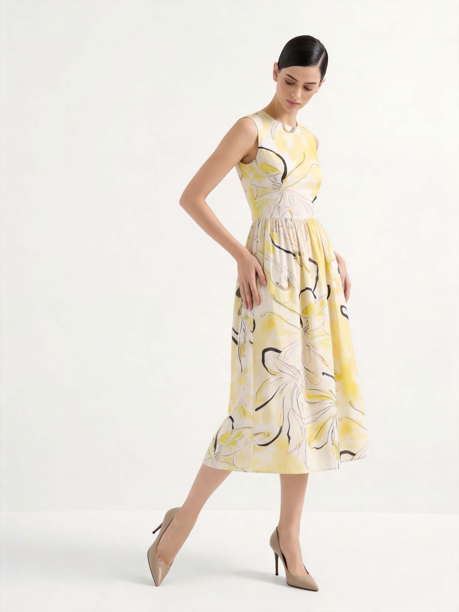 Yellow Linen Crew Neck Print Midi Dress
