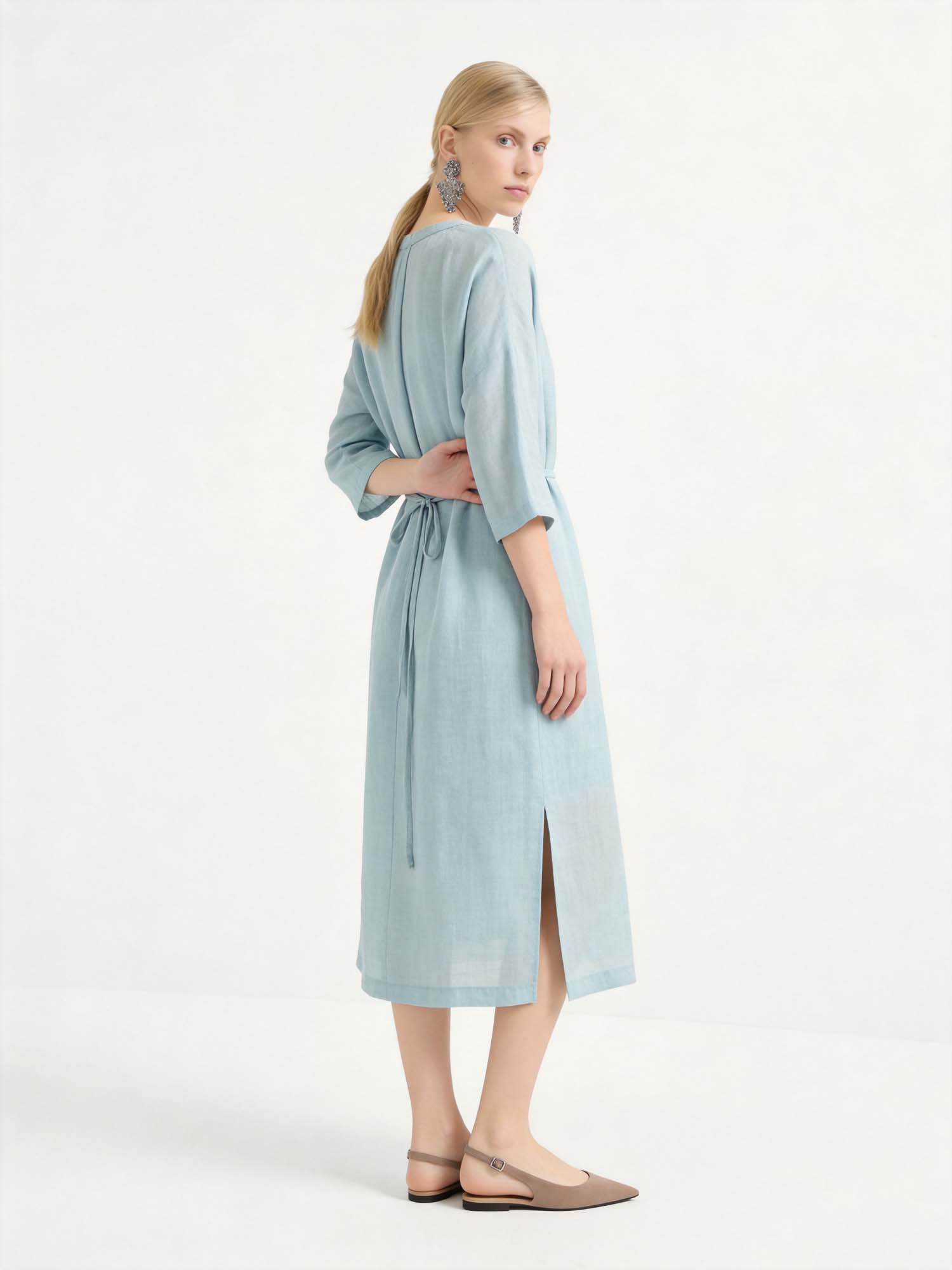 Pink 3/4 Sleeve Midi Linen Dress