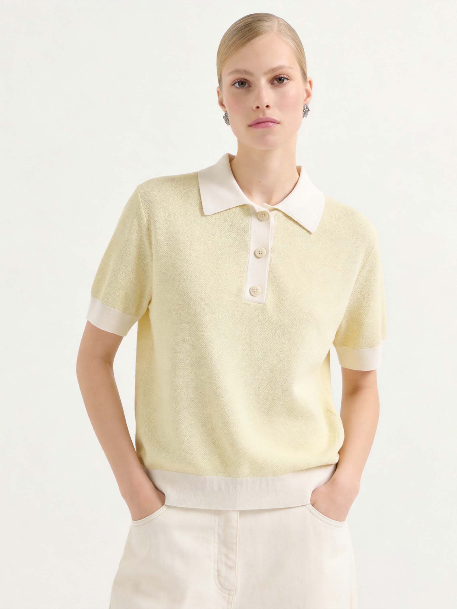 Yellow Cotton Knit Polo Sweater
