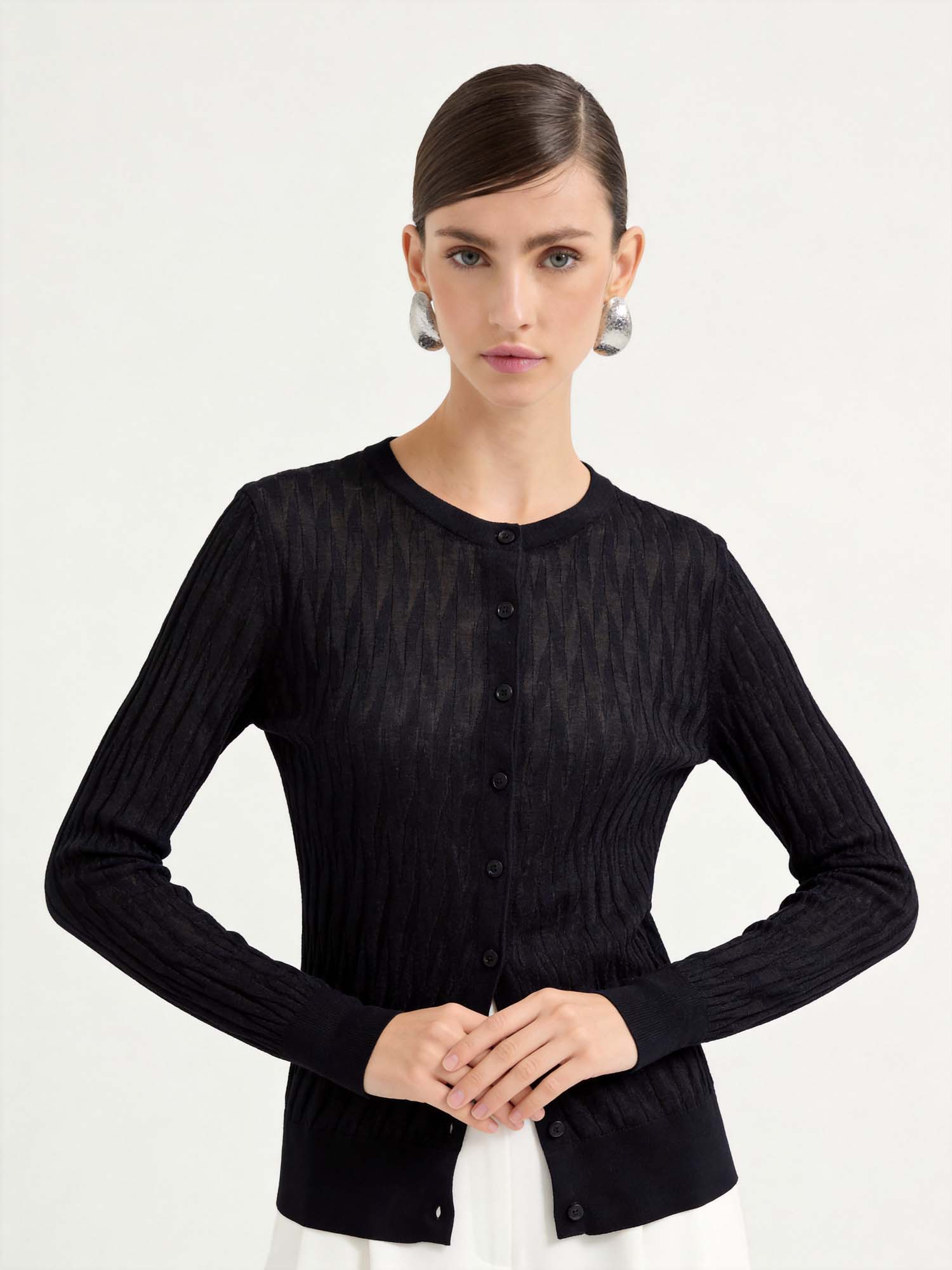 Black Tencel Sheer Diamond Knit Cardigan