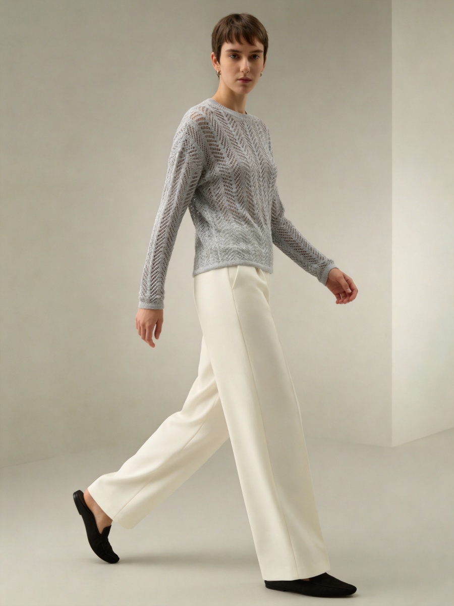 Linen Cotton Long Sleeve Openwork Knit Top