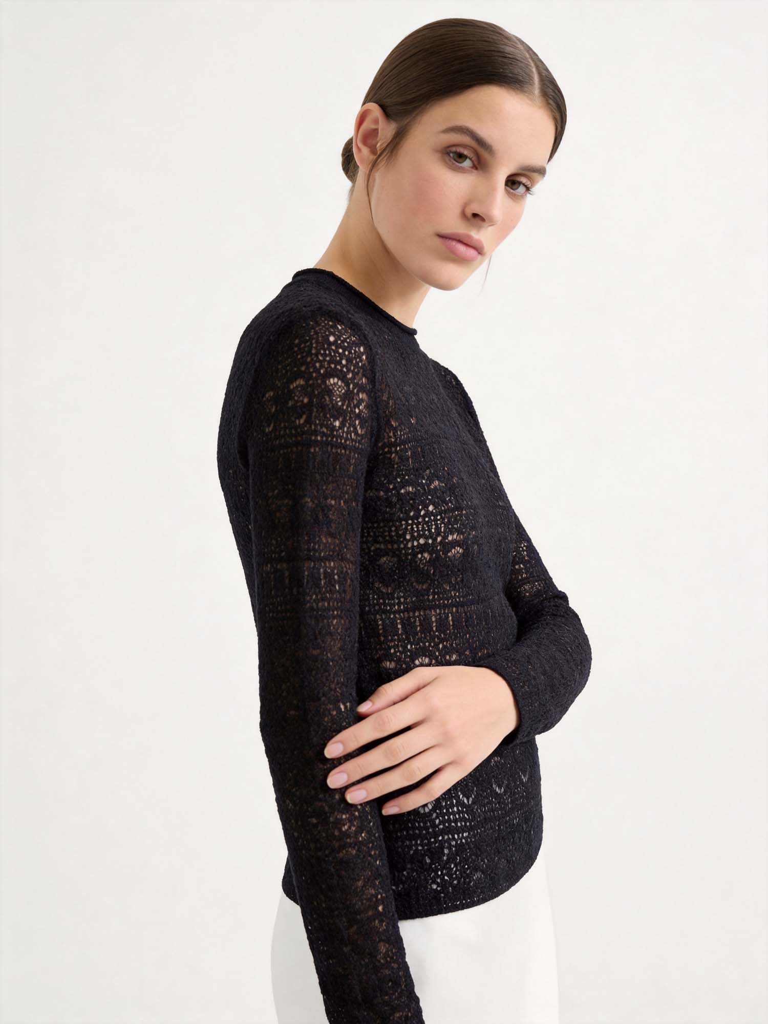 Black Wool-Silk Lace Long Sleeve Knit Sweater