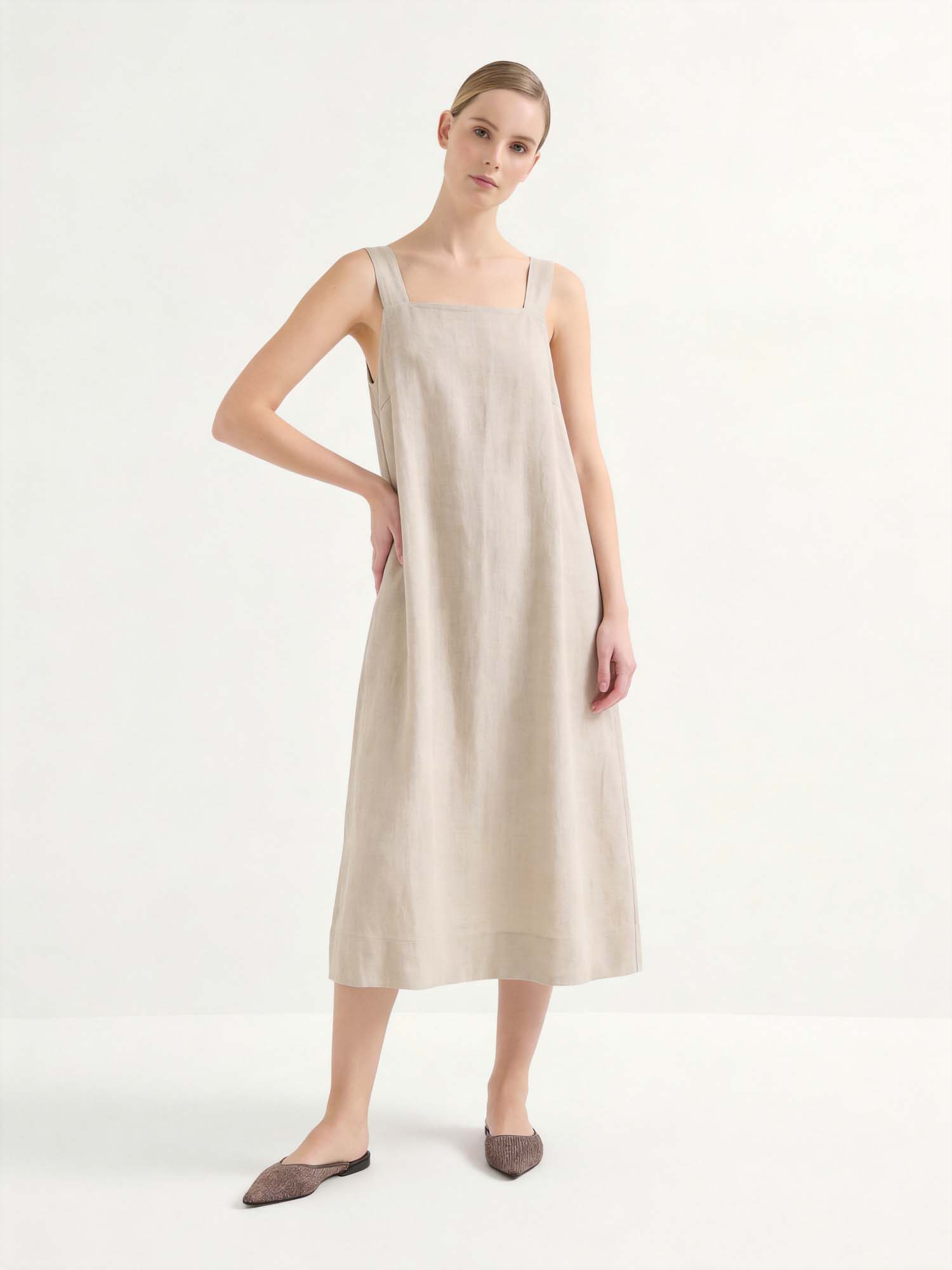 Beige Linen Square Neck Slip Midi Dress