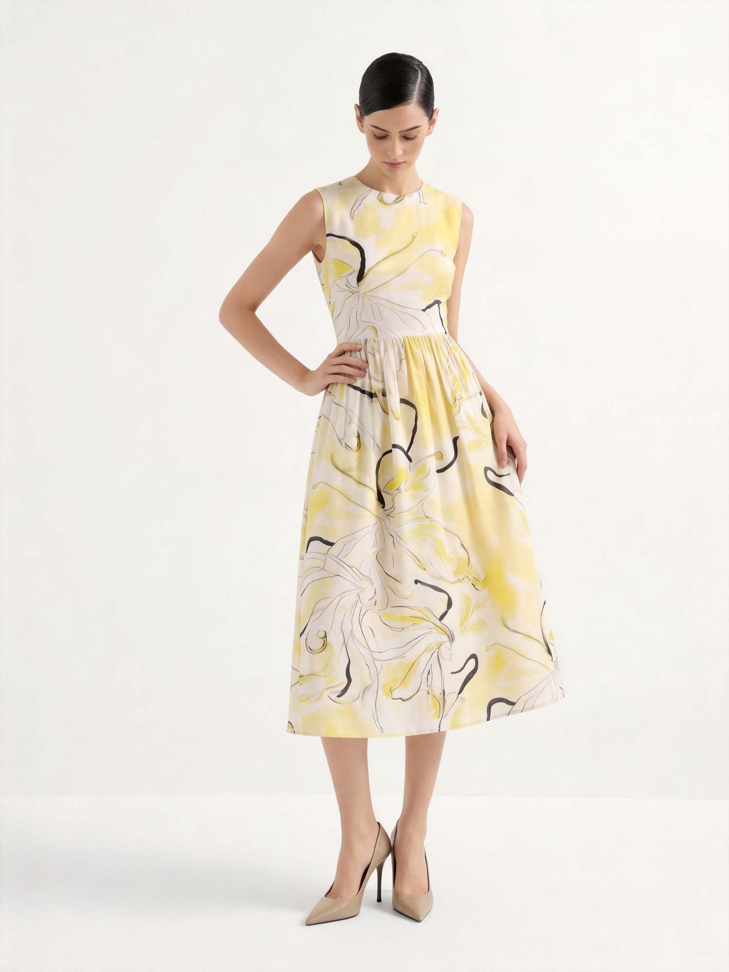 Yellow Linen Crew Neck Print Midi Dress