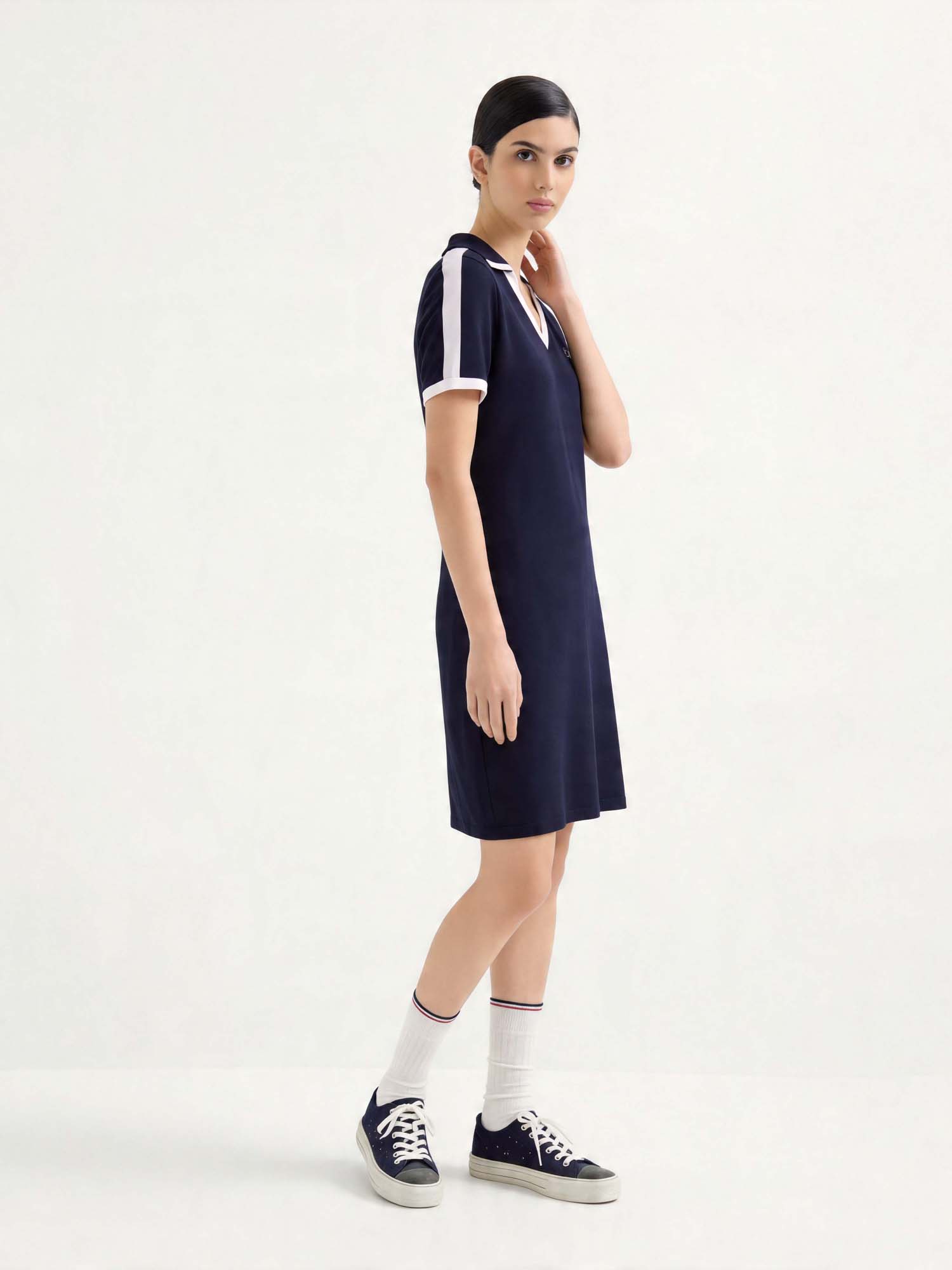 Navy Knit V-Polo Knee-Length Dress