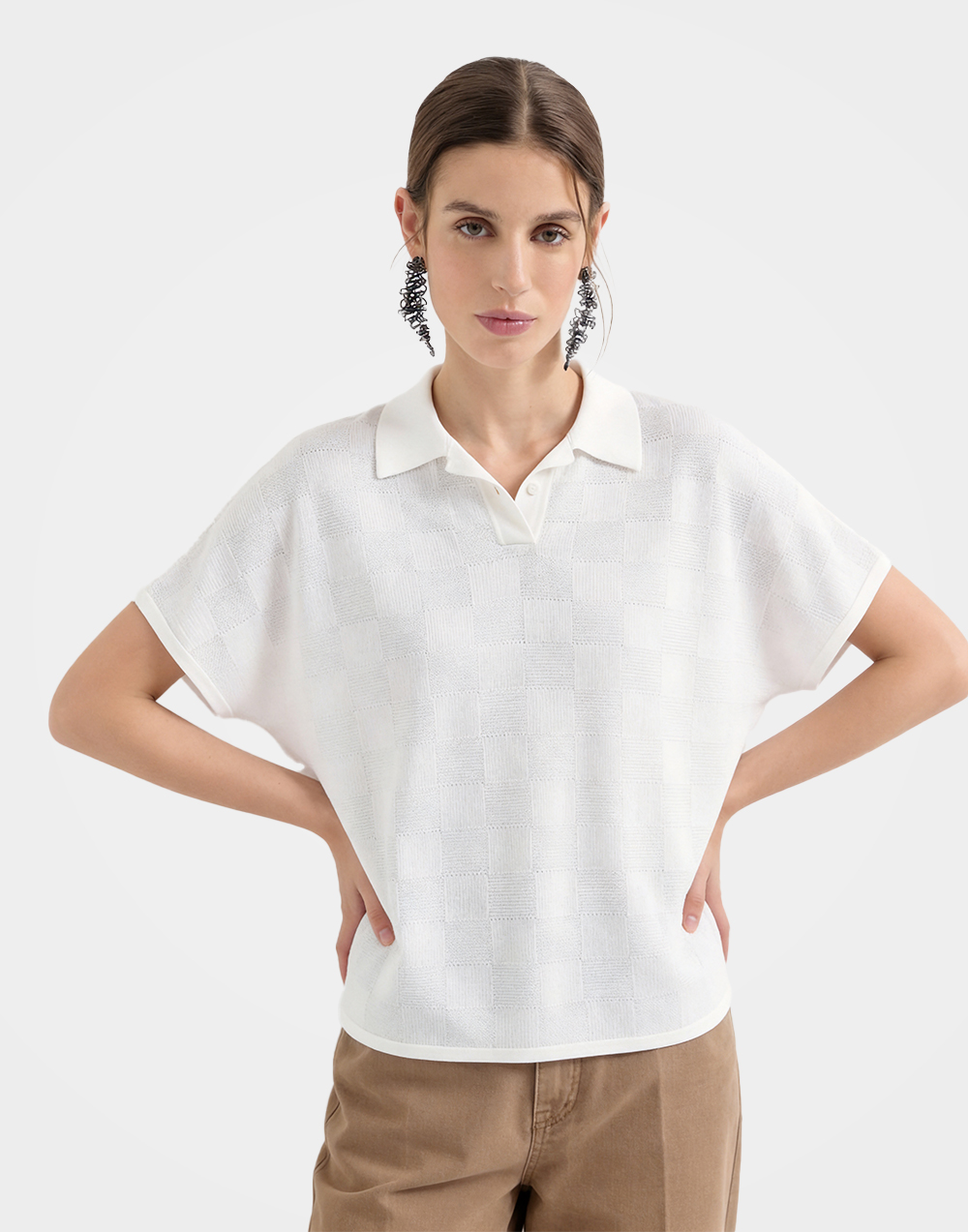 White Polo Collar Cotton Knit Batwing Sweater